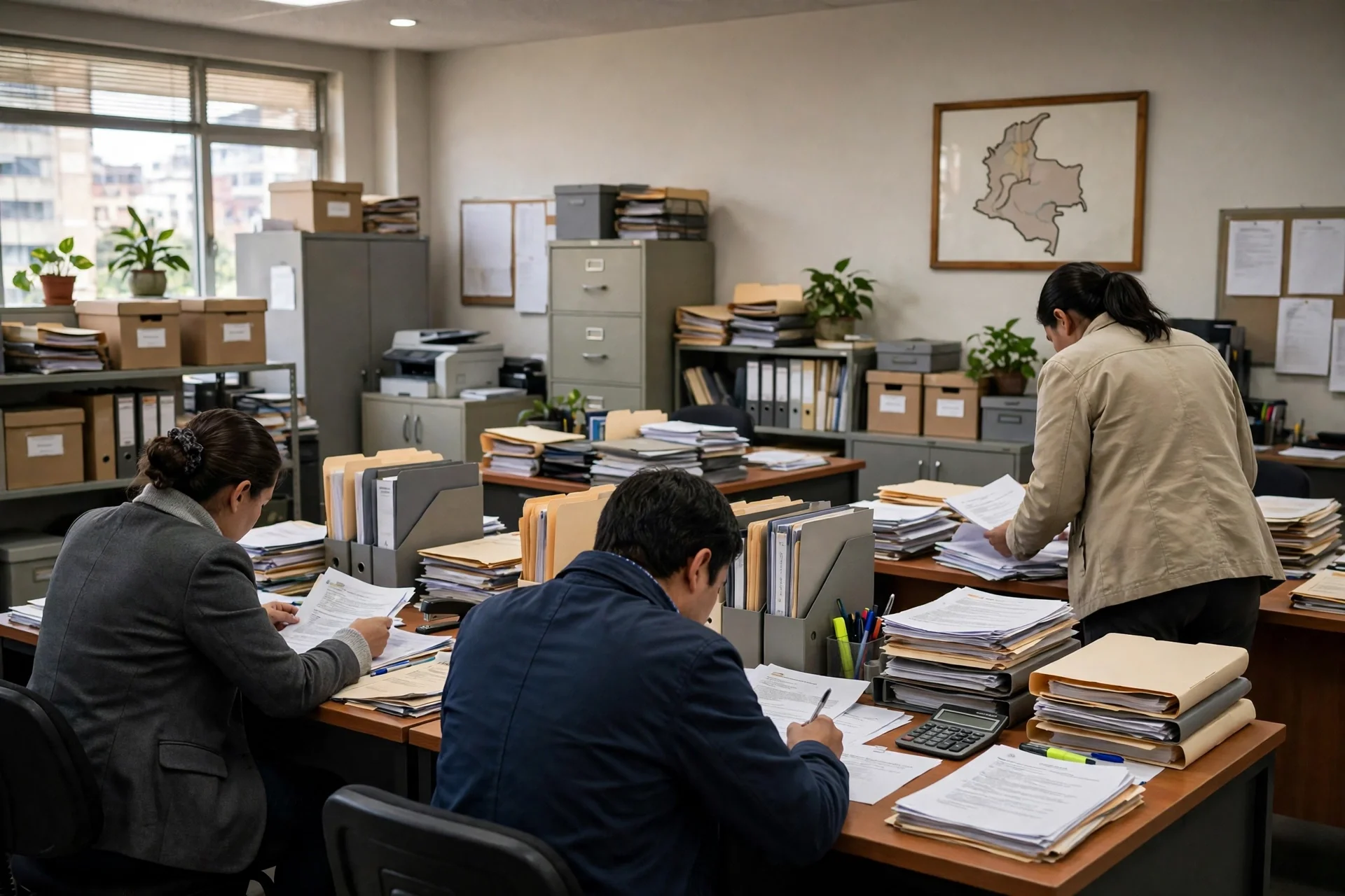 Personal administrativo revisando carpetas y contratos en una oficina institucional con un mapa de Colombia al fondo