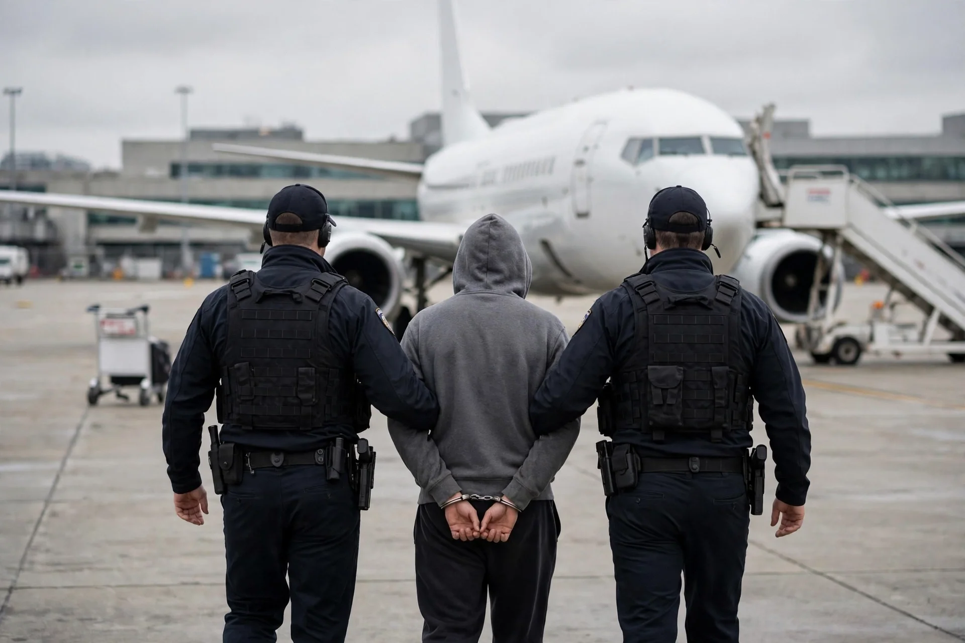 Agentes federales escoltan a un detenido esposado hacia un avión en la pista de un aeropuerto