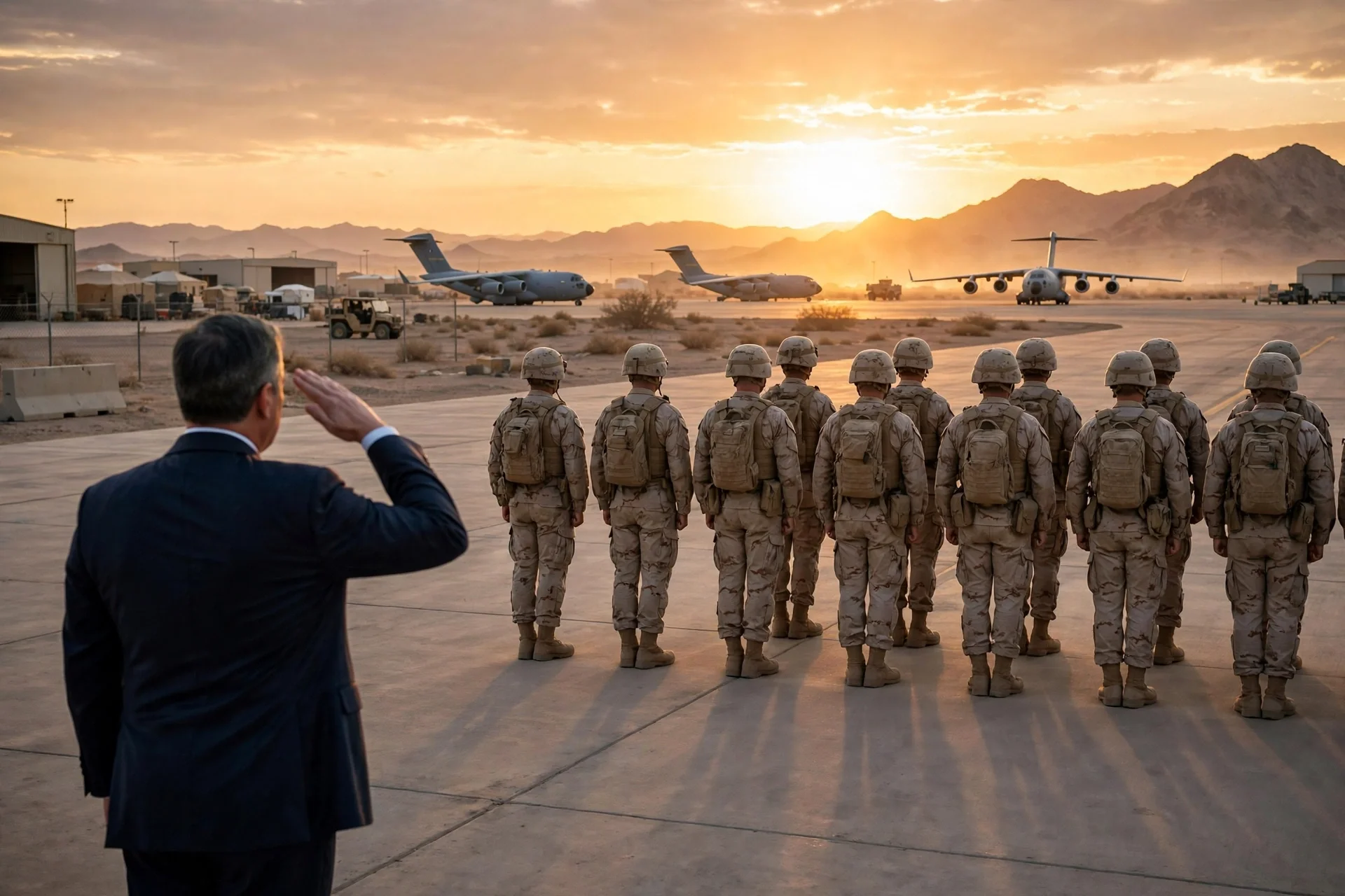 Secretario de defensa saludando a tropas en una base aérea desértica al atardecer, sin rostros identificables