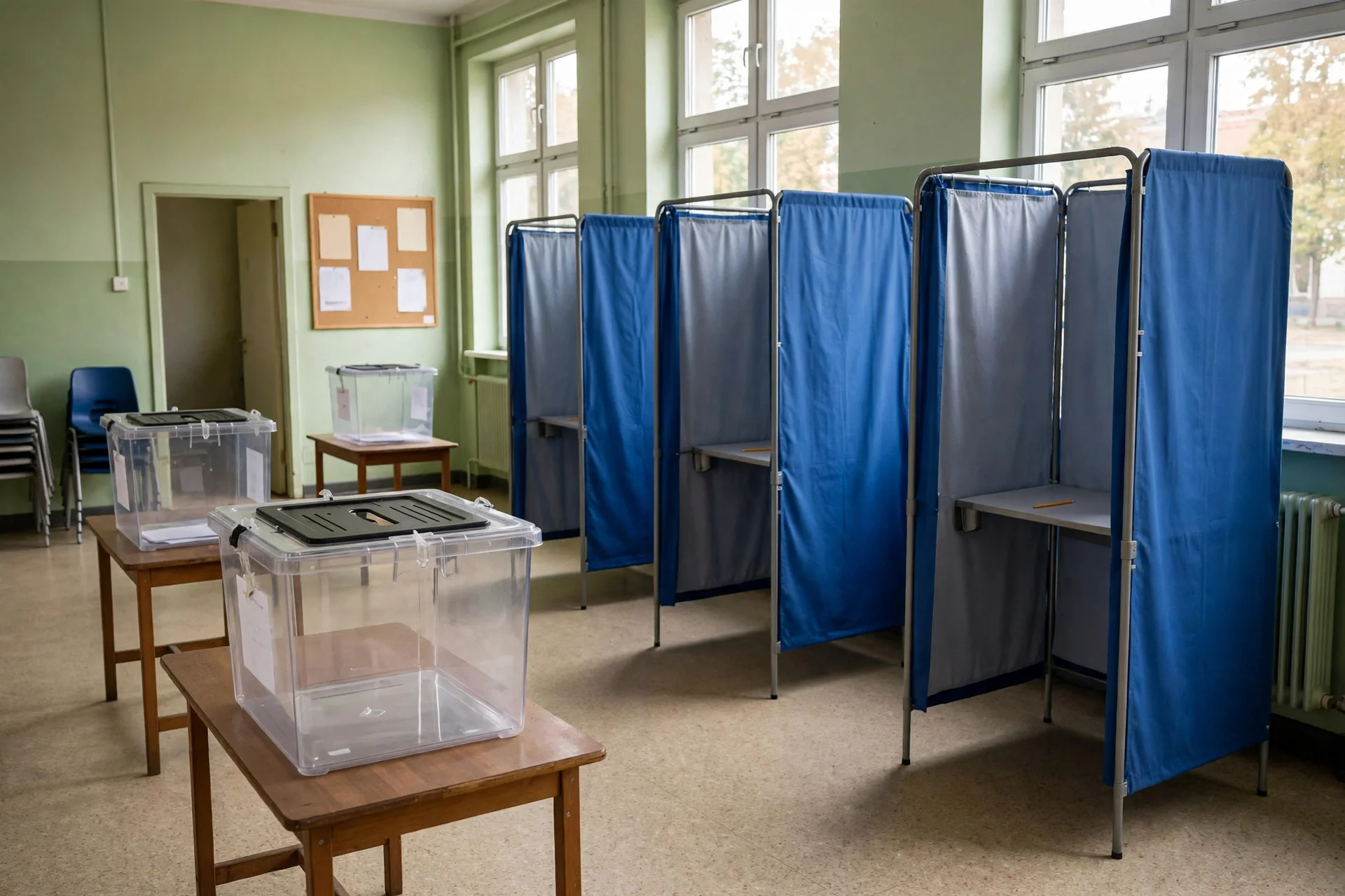 Cabinas de votación con cortinas azules y urnas transparentes sobre mesas de madera en un aula luminosa sin personas