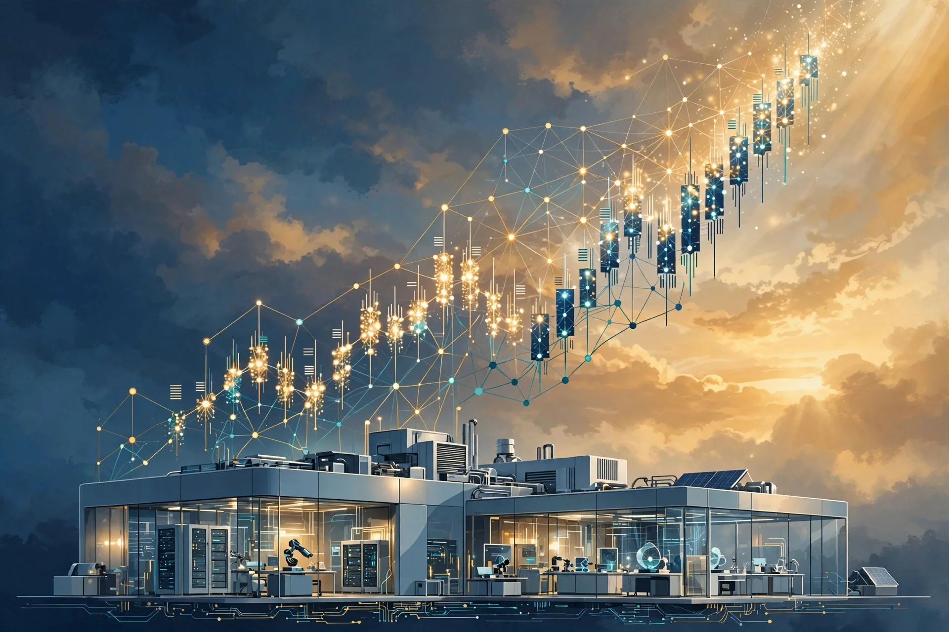 Abstract editorial illustration of an AI laboratory under a dawn sky with a glowing neural network rising like a stock chart