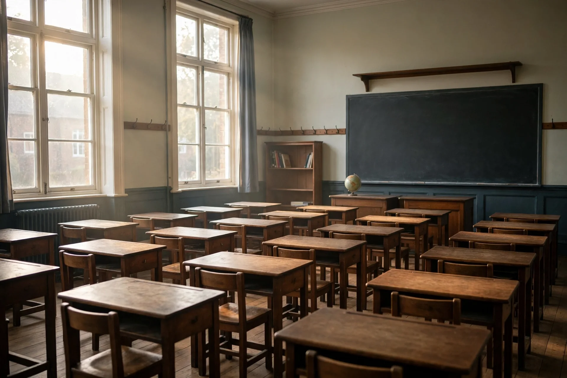 Aula escolar británica vacía a la luz de la mañana, con pupitres de madera ordenados y una pizarra en blanco