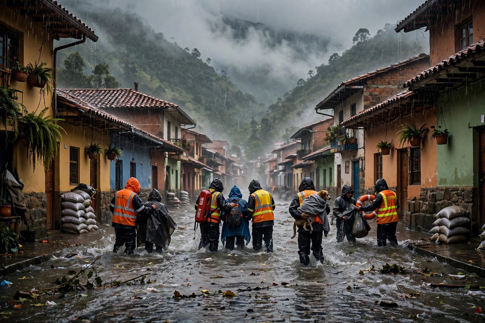 Calle inundada de un municipio andino bajo lluvia intensa, con socorristas de chalecos reflectivos ayudando a vecinos a cruzar el agua