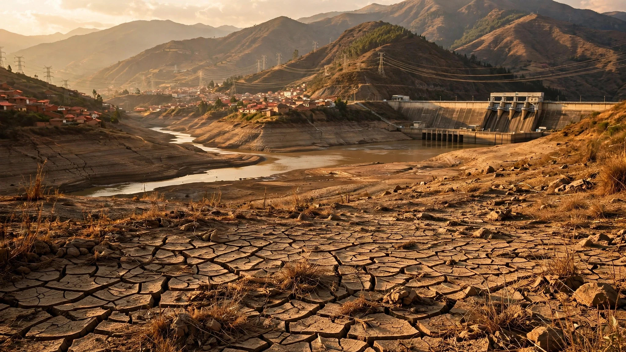 Ilustración de un embalse con el nivel bajo y tierra agrietada junto a una presa en la cordillera