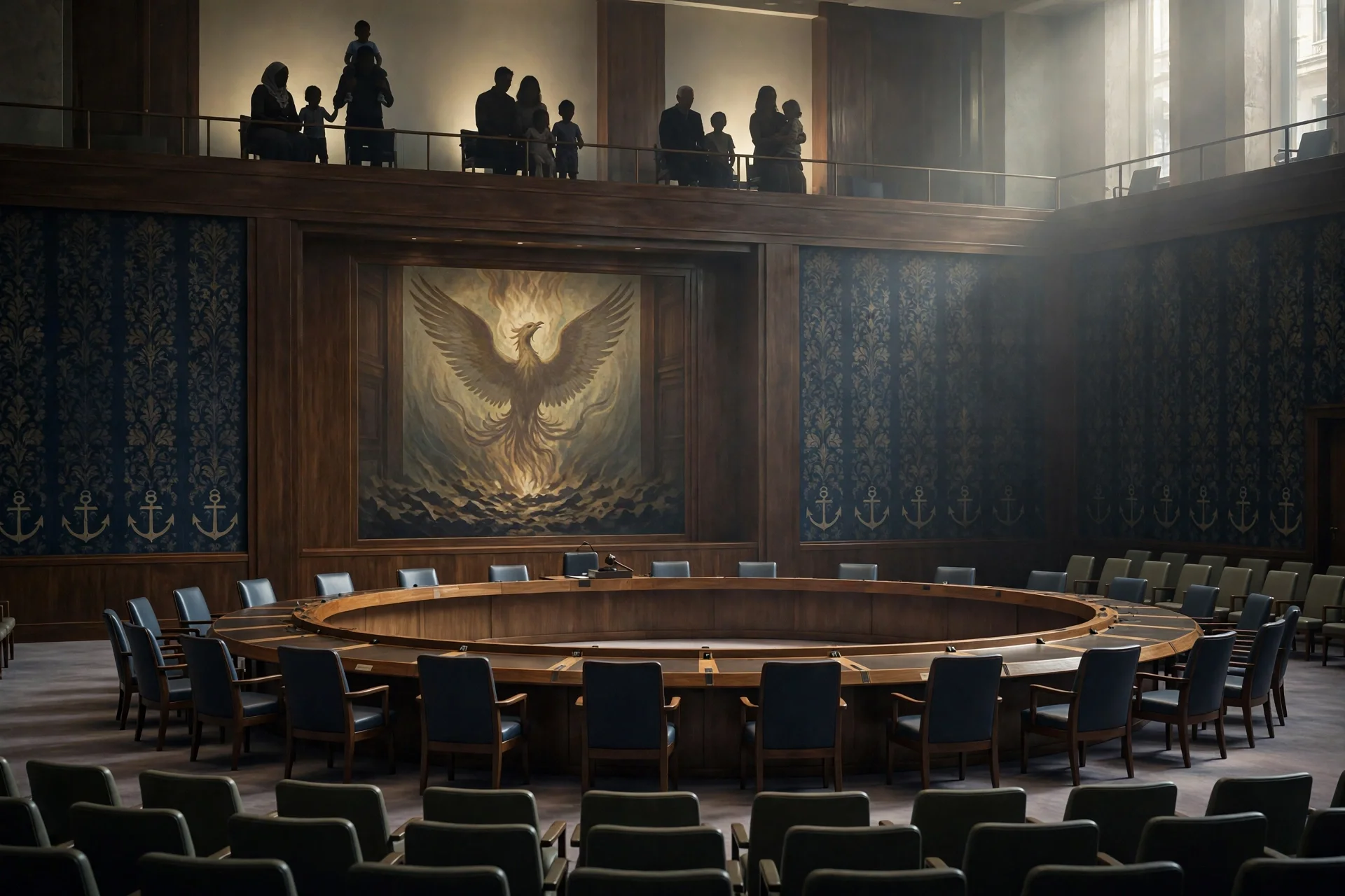 Sala sobria de un consejo con mesa circular vacía, mural de un ave sobre la pared y familias en silueta observando desde la galería superior