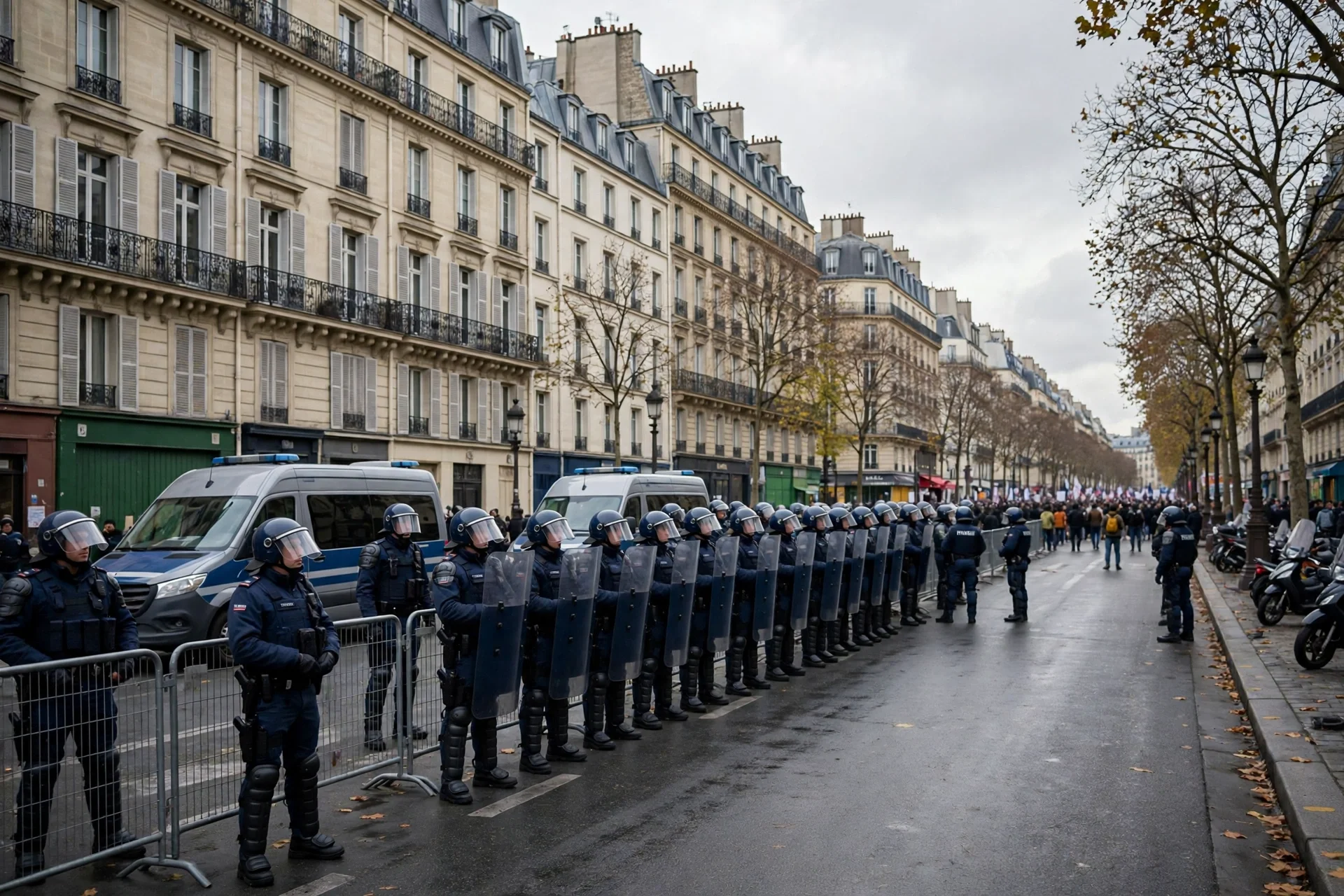 Agentes con escudos forman una línea en una avenida de París junto a furgones policiales ante una jornada de protestas