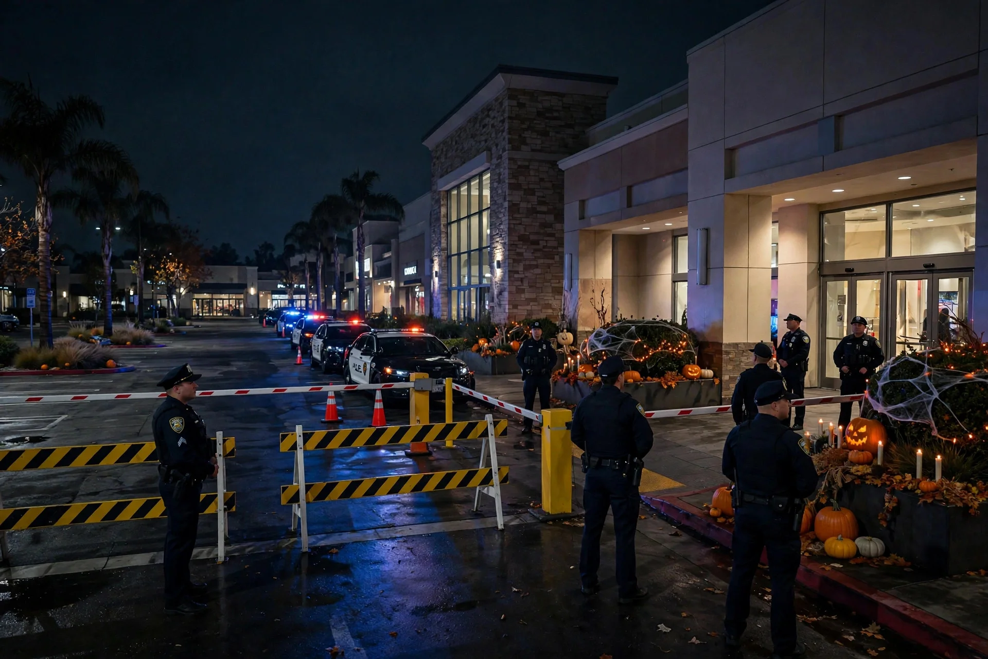 Cordón policial nocturno frente a un centro comercial con decoración de Halloween