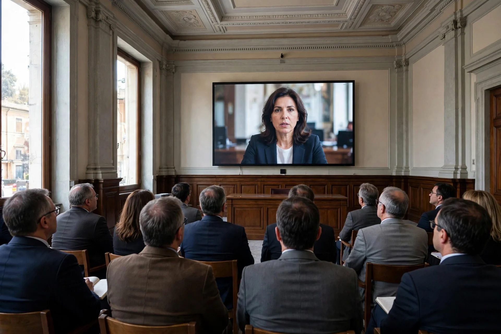 Administradores locales en una sala institucional miran en pantalla grande el videomensaje de una dirigente.