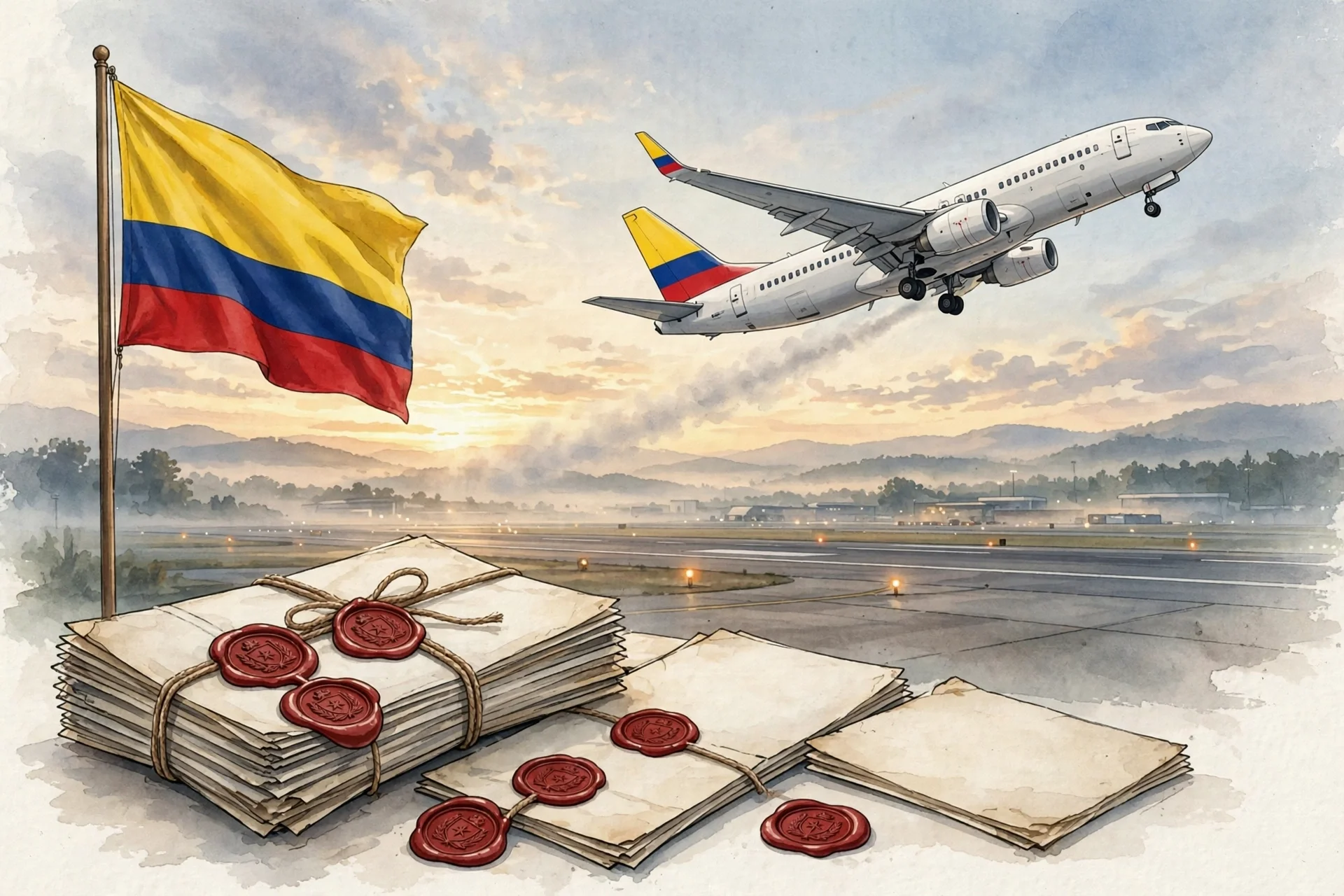 Ilustración editorial de un avión despegando al amanecer junto a la bandera de Colombia y documentos oficiales con sellos de cera