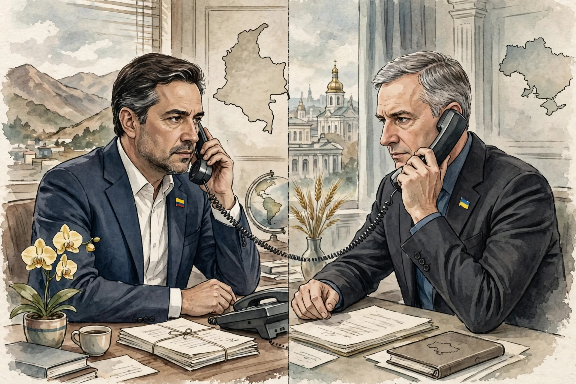 Ilustración editorial de dos cancilleres en conversación telefónica entre Colombia y Ucrania, en despachos sobrios con mapas al fondo