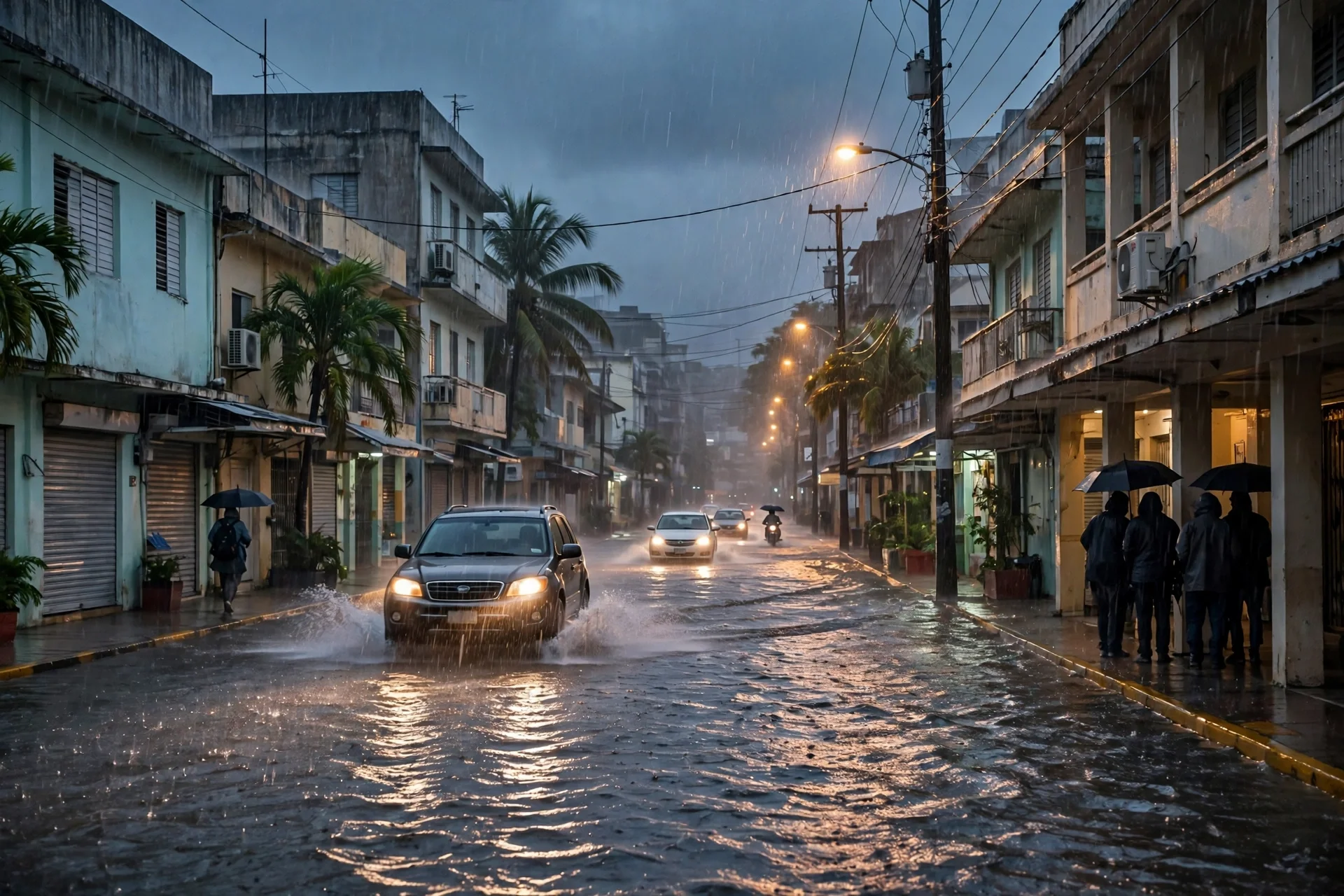 Avenida urbana caribeña inundada bajo lluvia intensa al anochecer, con vehículos avanzando entre el agua y peatones resguardados bajo paraguas en las aceras