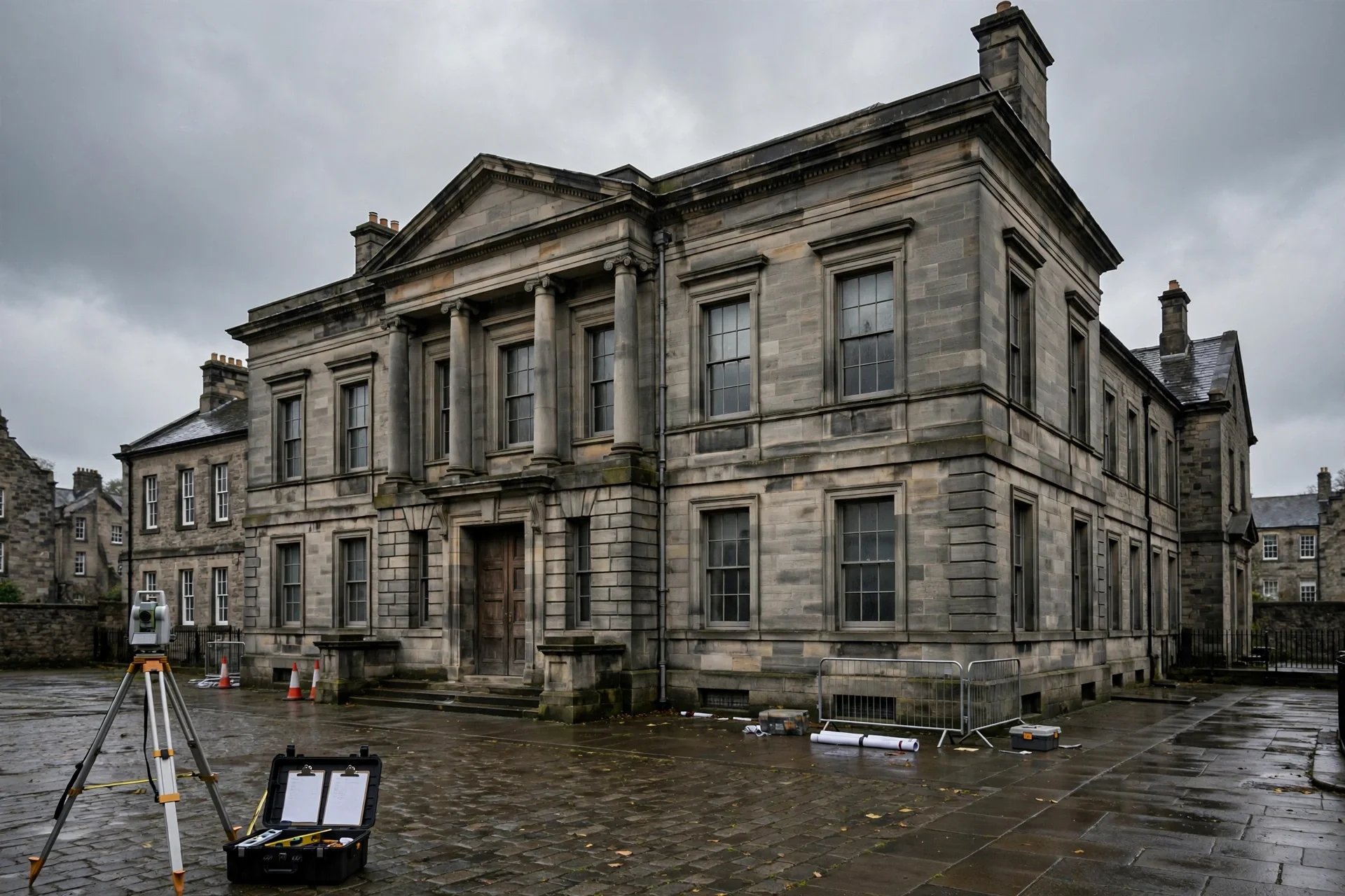 Edificio institucional de piedra de una autoridad local británica bajo un cielo nublado, con equipo de inspección en primer plano