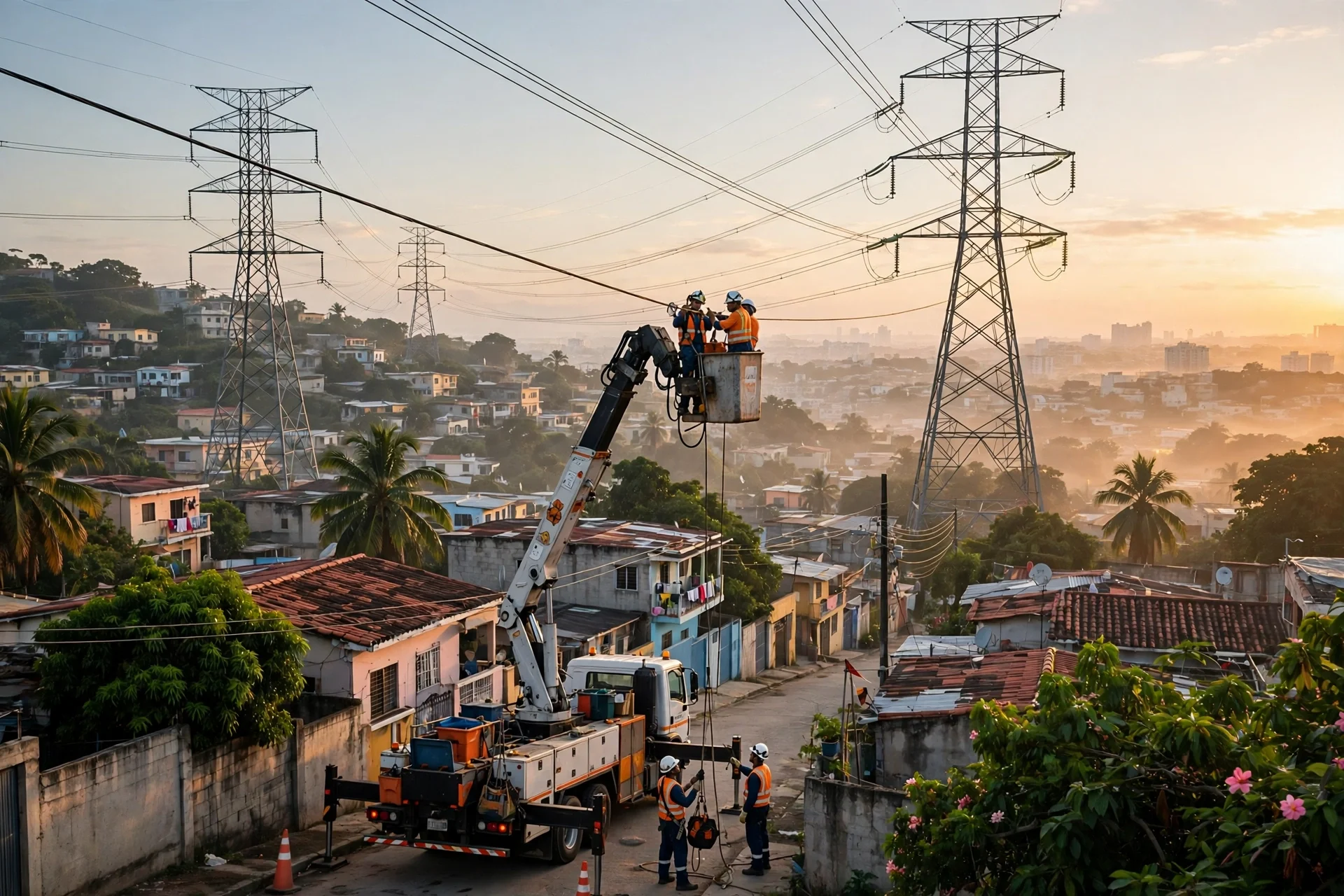 Torres de transmisión eléctrica al amanecer sobre un sector residencial de Santo Domingo, con una brigada de mantenimiento