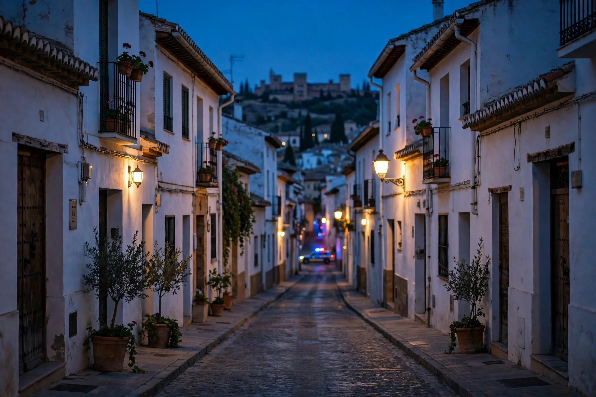 Calle del Albaicín de Granada al anochecer, con la Alhambra al fondo y las luces de un coche de policía a lo lejos