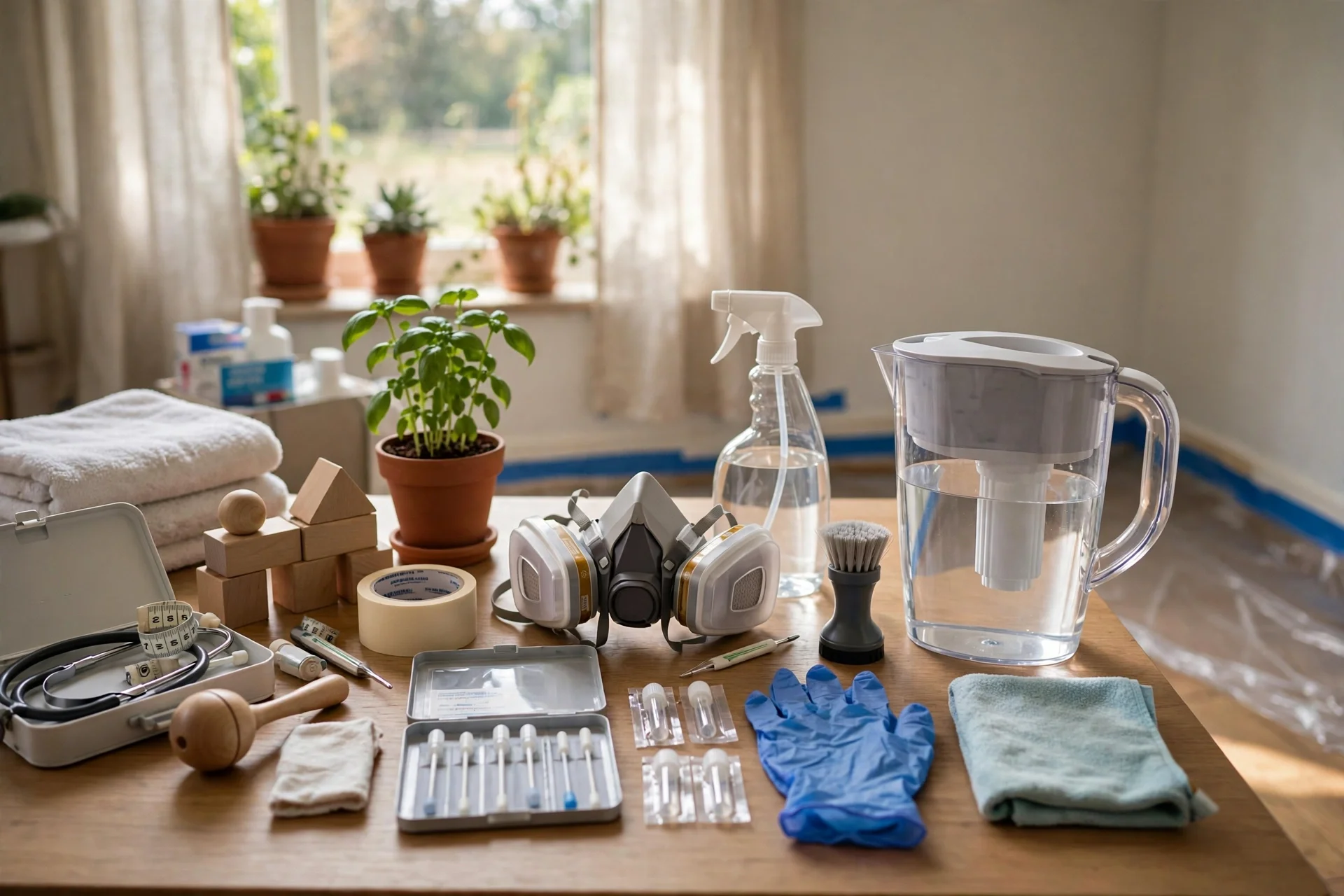 Mesa luminosa en un hogar con jarra con filtro de agua, mascarilla, guantes y bloques de madera, sin personas