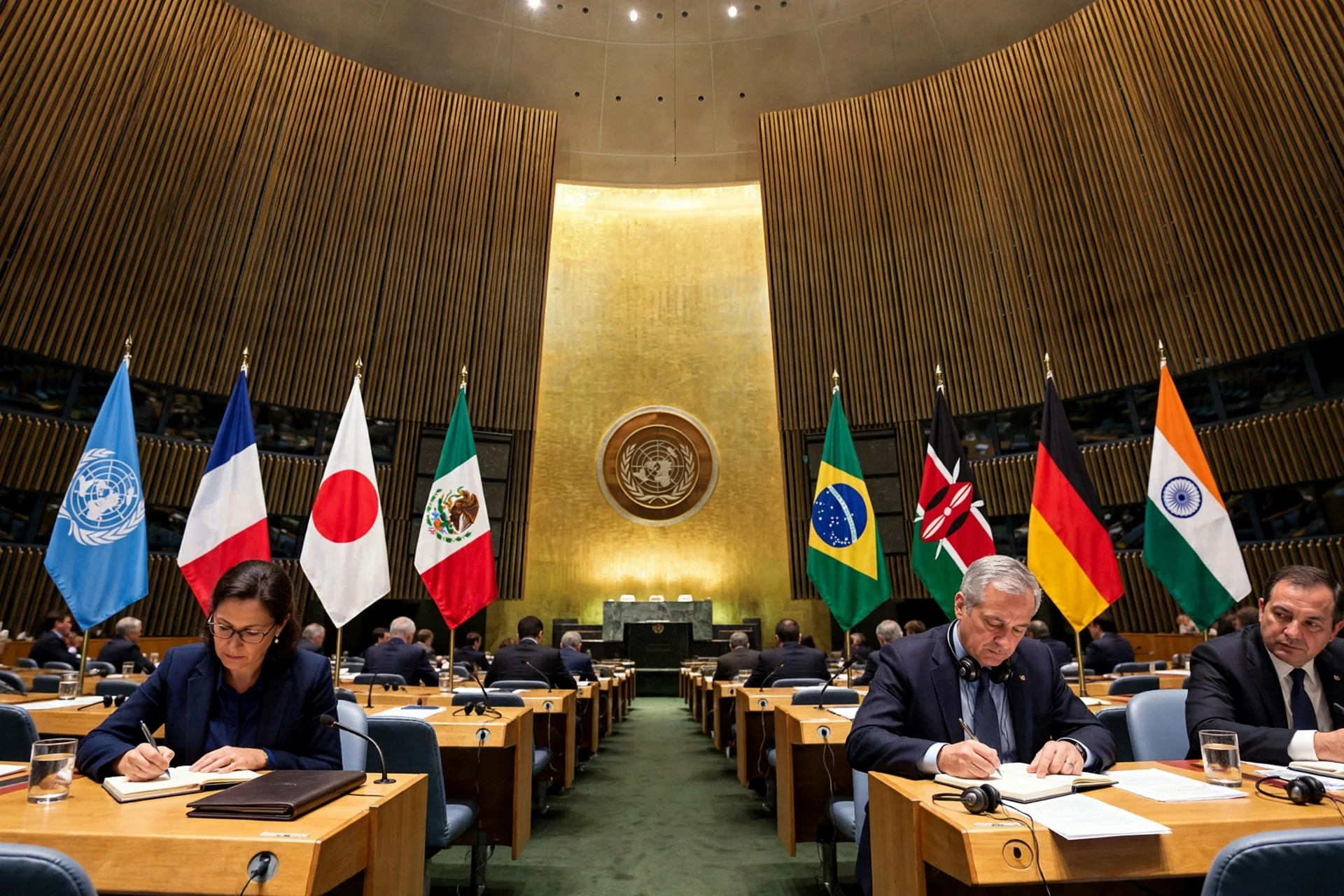 Sala diplomática de la ONU con delegados en sus mesas, banderas de varios países y el emblema de la organización al fondo, en ambiente sobrio