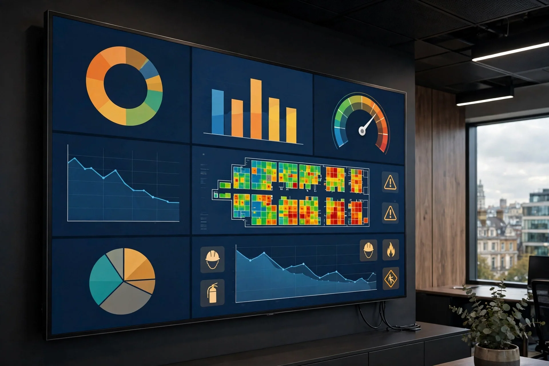 Panel digital con gráficos de riesgos y tendencias de seguridad laboral en una oficina moderna