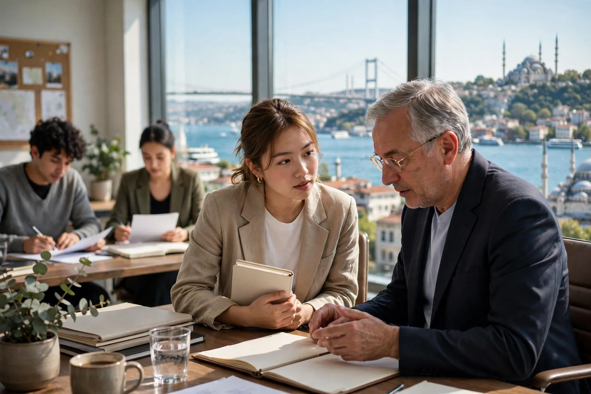 Una joven conversa con un diplomático en una oficina con vistas al Bósforo y a Estambul, mientras otros jóvenes trabajan al fondo