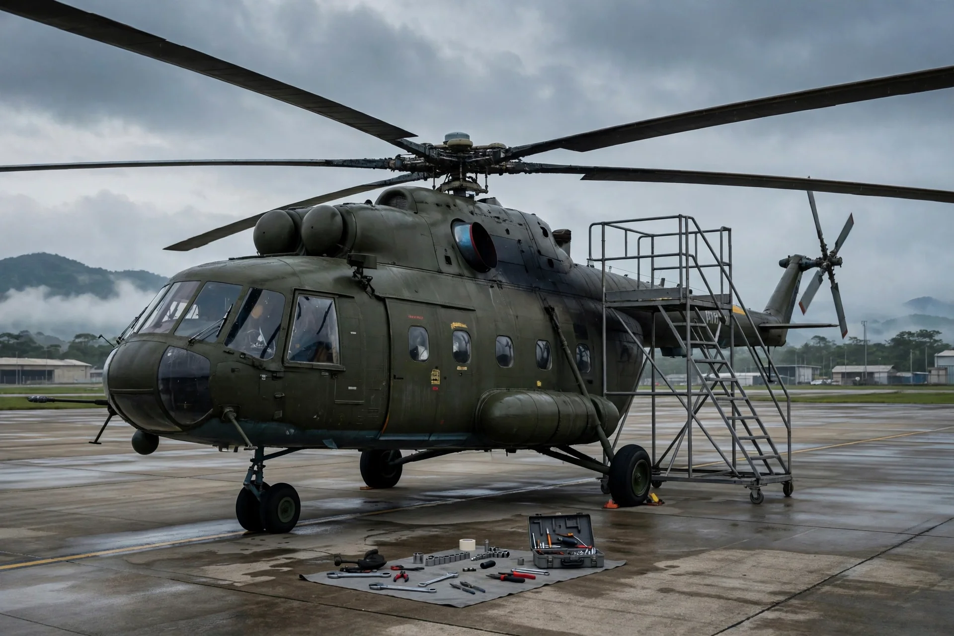 Helicóptero de transporte militar Mi-17 en una base aérea al amanecer junto a andamios de mantenimiento