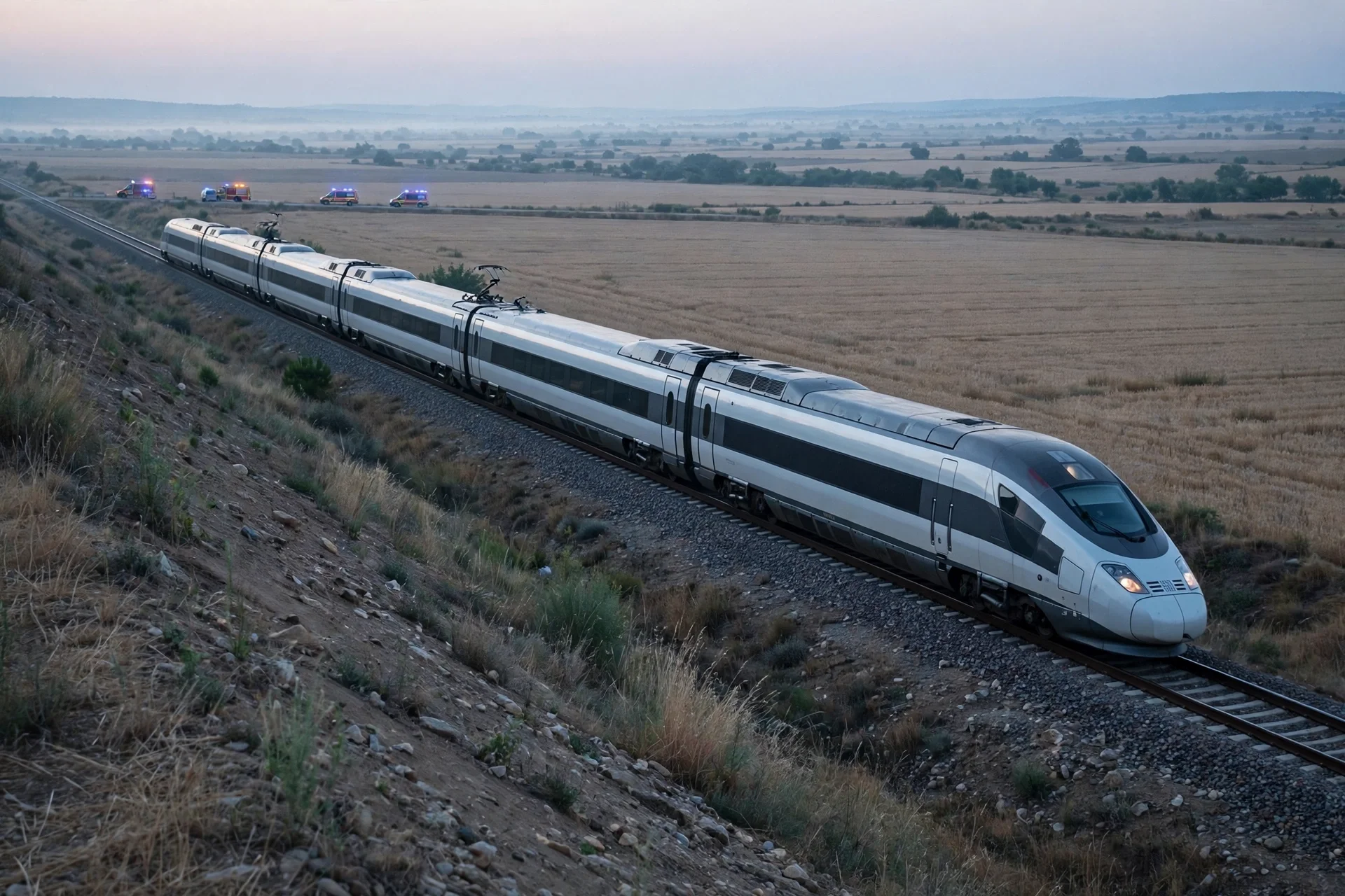 Tren de alta velocidad blanco detenido en la vía junto a un terraplén seco, con campos castellanos al amanecer y vehículos de emergencia lejanos con luces encendidas