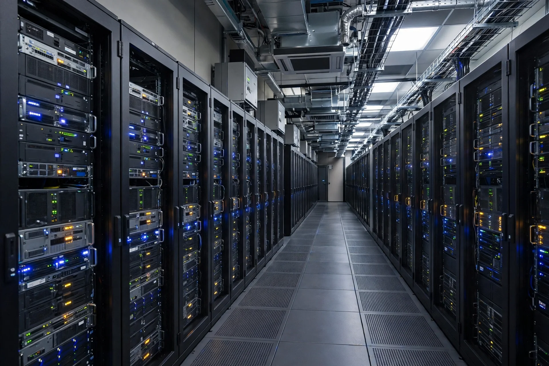 Pasillo de un centro de datos con filas de racks de servidores y procesadores iluminados