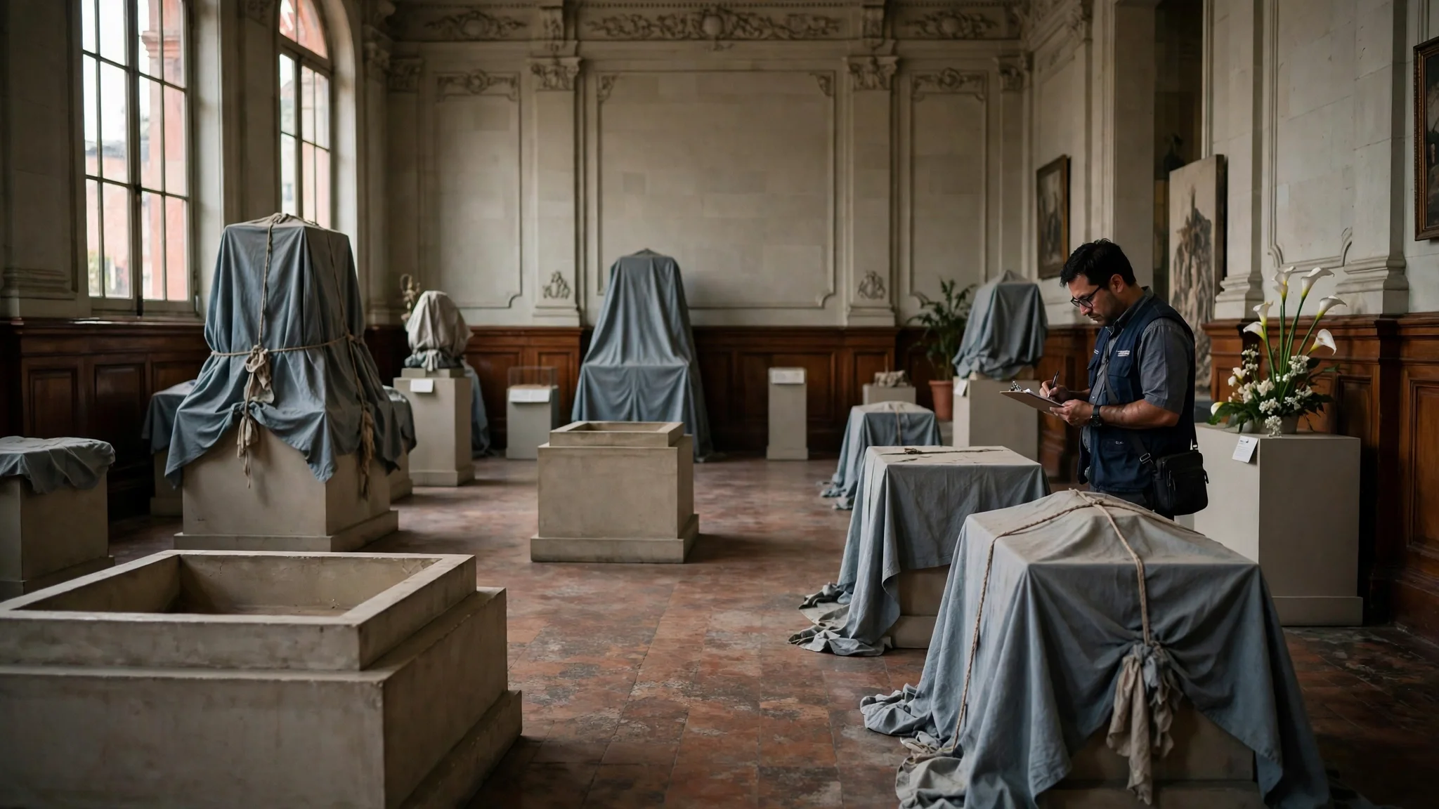 Sala de museo con pedestales vacíos y obras cubiertas con telas mientras un trabajador hace inventario con una carpeta