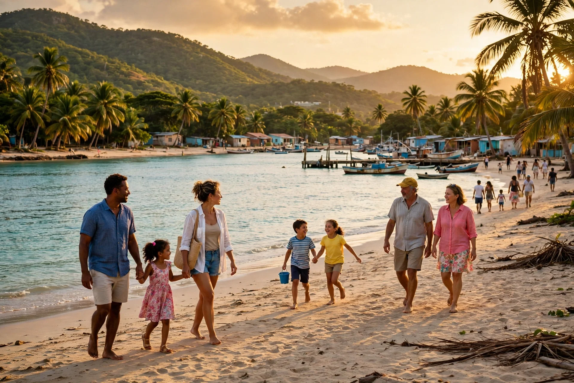 Playa caribeña abierta con familias caminando junto a un pequeño puerto pesquero