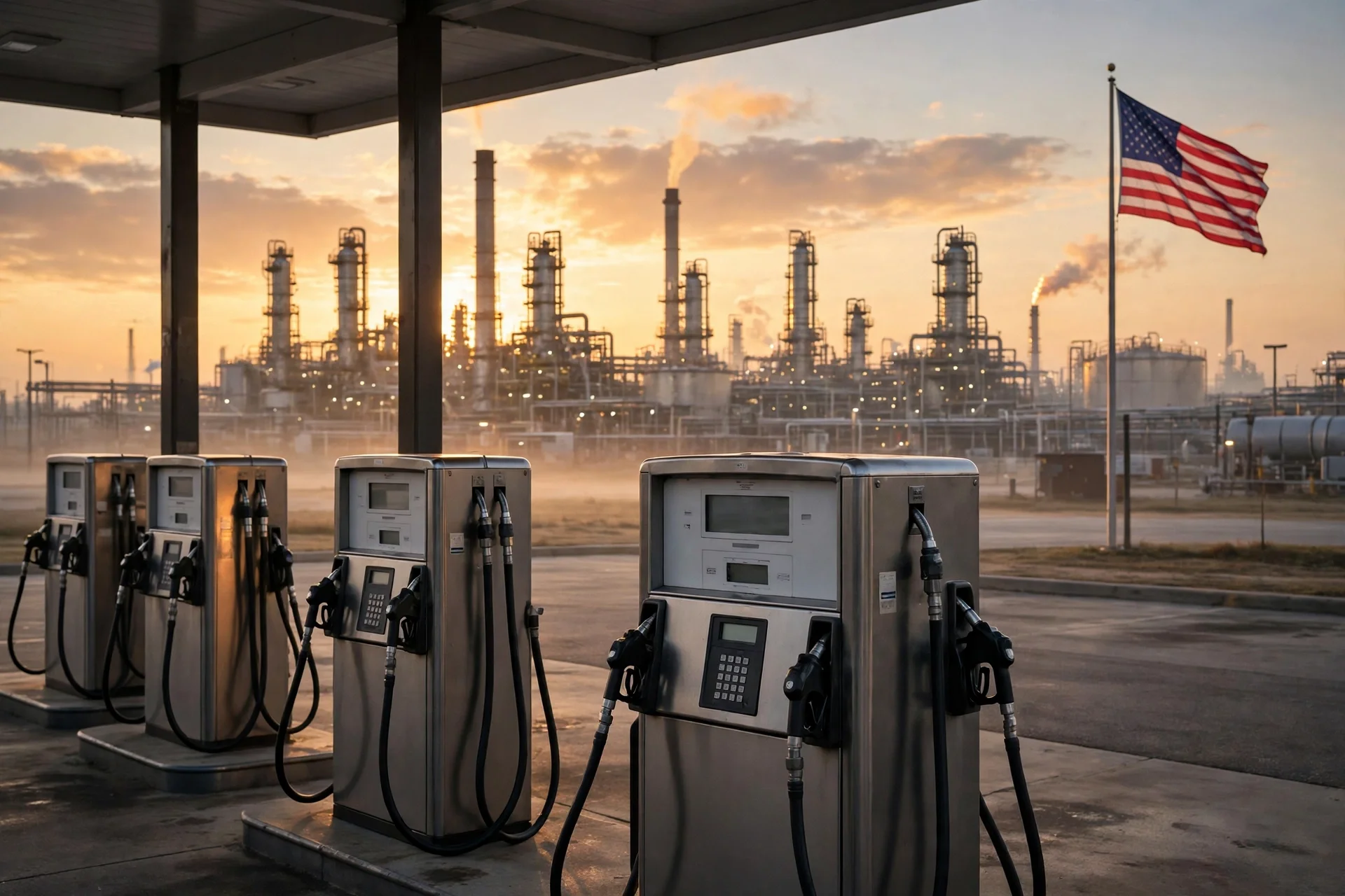 Surtidores de una gasolinera en primer plano al amanecer, con una refinería al fondo y la bandera de Estados Unidos ondeando
