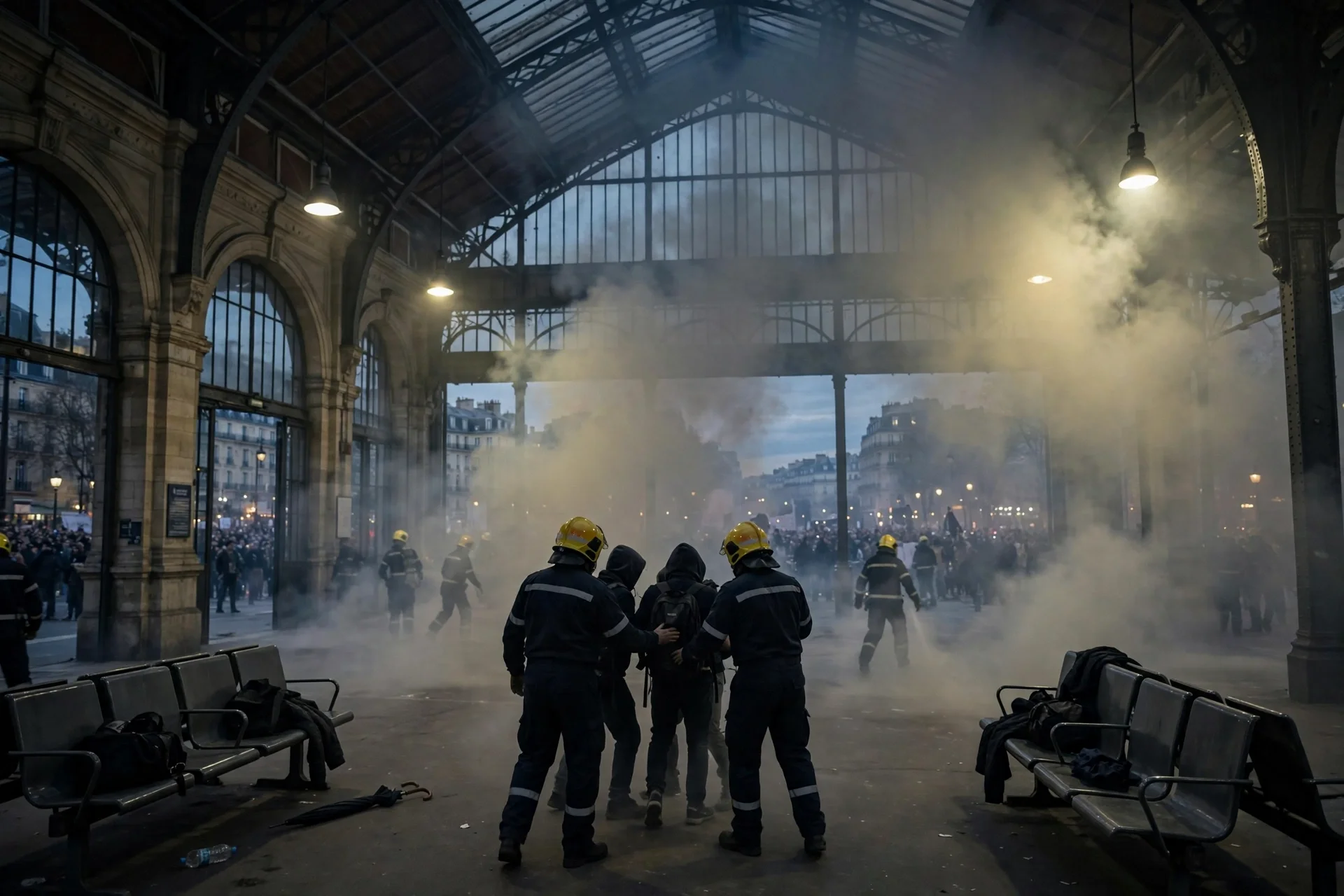 Ilustración editorial generada: estación de tren francesa al atardecer durante una manifestación, con bruma de gas lacrimógeno y bomberos asistiendo a personas.
