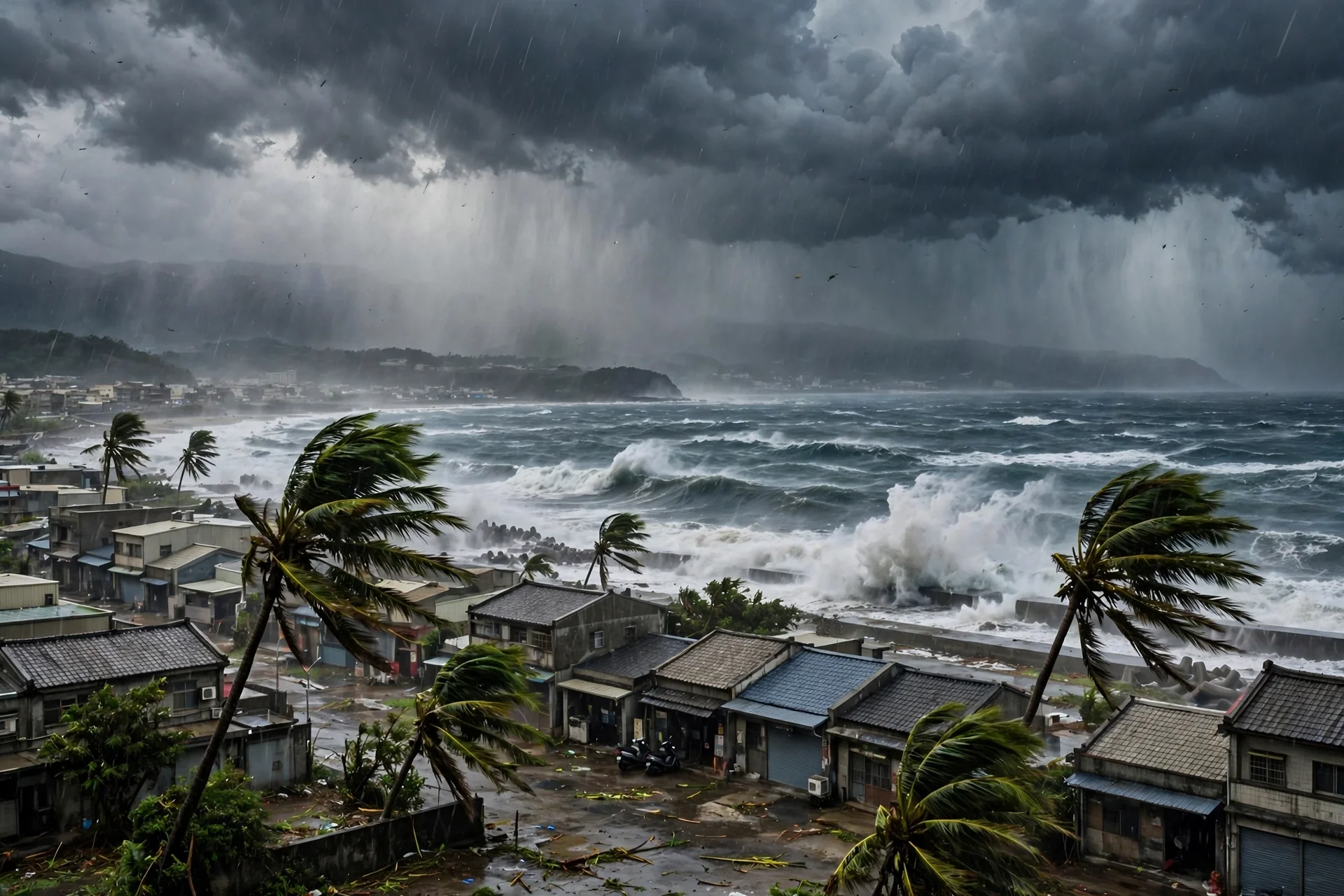 Costa de Taiwán bajo un tifón con oleaje fuerte, palmeras dobladas por el viento y cielo oscuro de tormenta