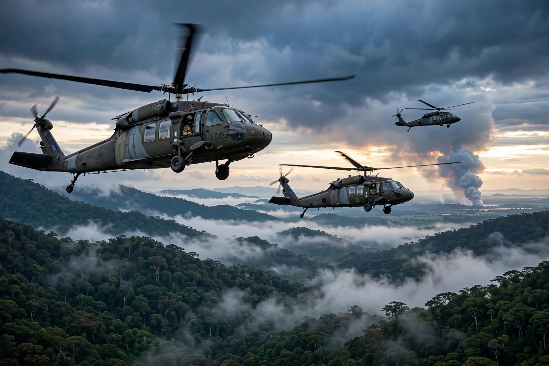 Helicópteros militares sobre montañas selváticas del Cauca con una columna de humo al fondo