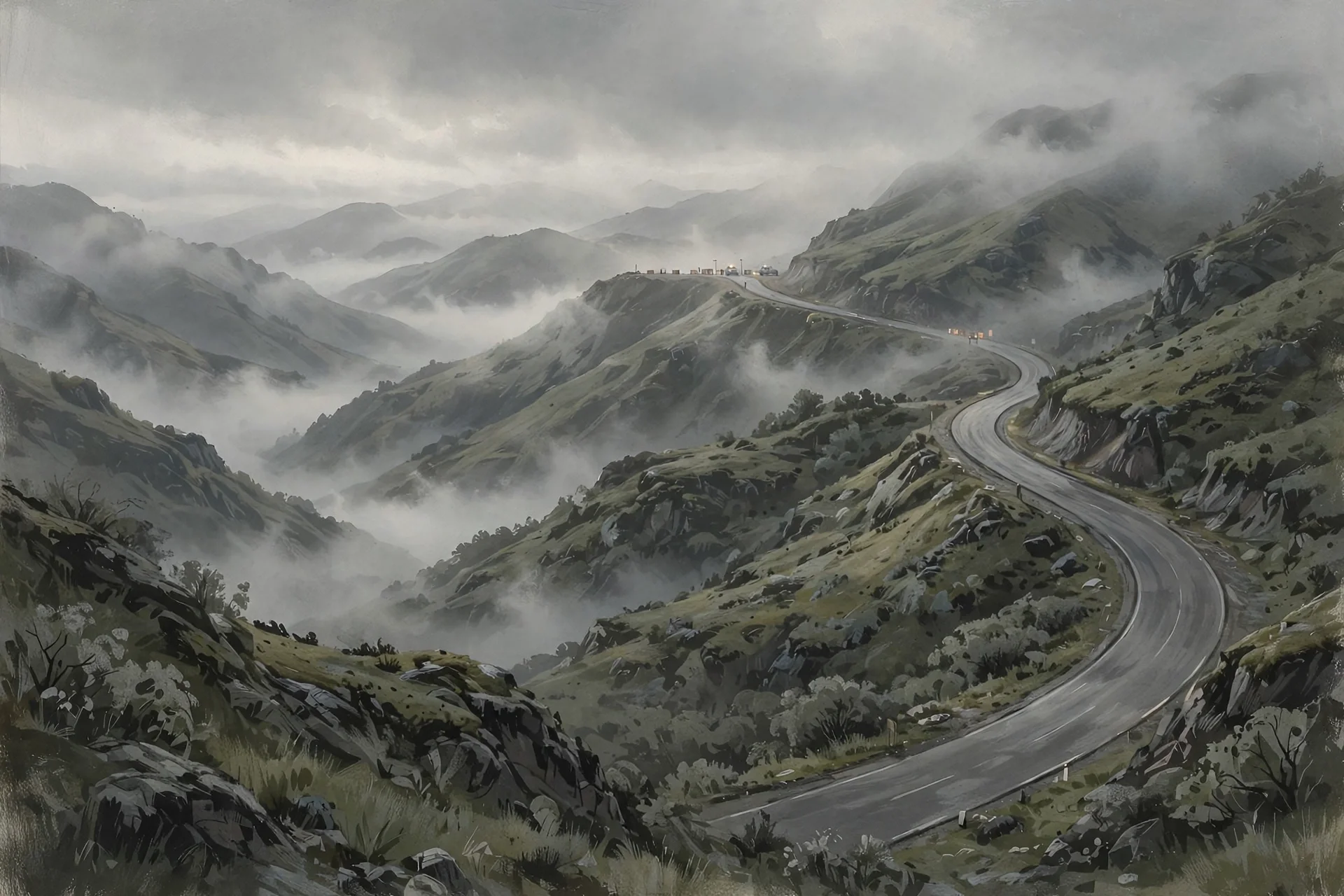 Ilustración editorial: carretera de montaña andina al amanecer con un retén policial y militar a lo lejos