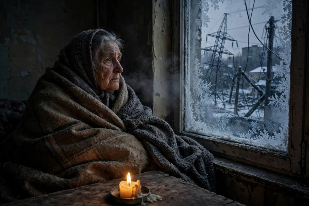 Una mujer mayor envuelta en mantas junto a una vela encendida, mirando por una ventana escarchada hacia torres eléctricas en invierno