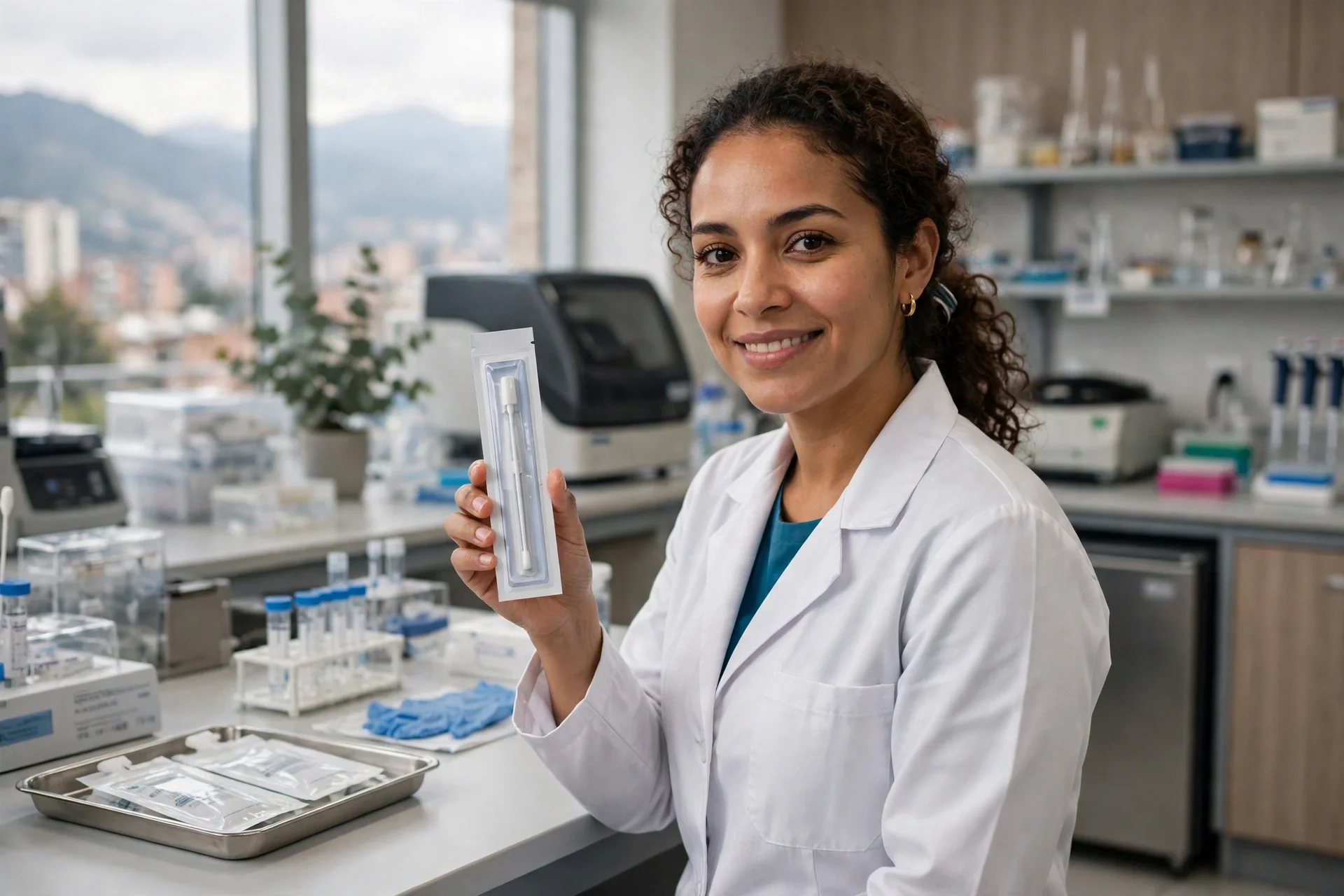 Científica en un laboratorio moderno sosteniendo un kit de autotoma para detección del VPH