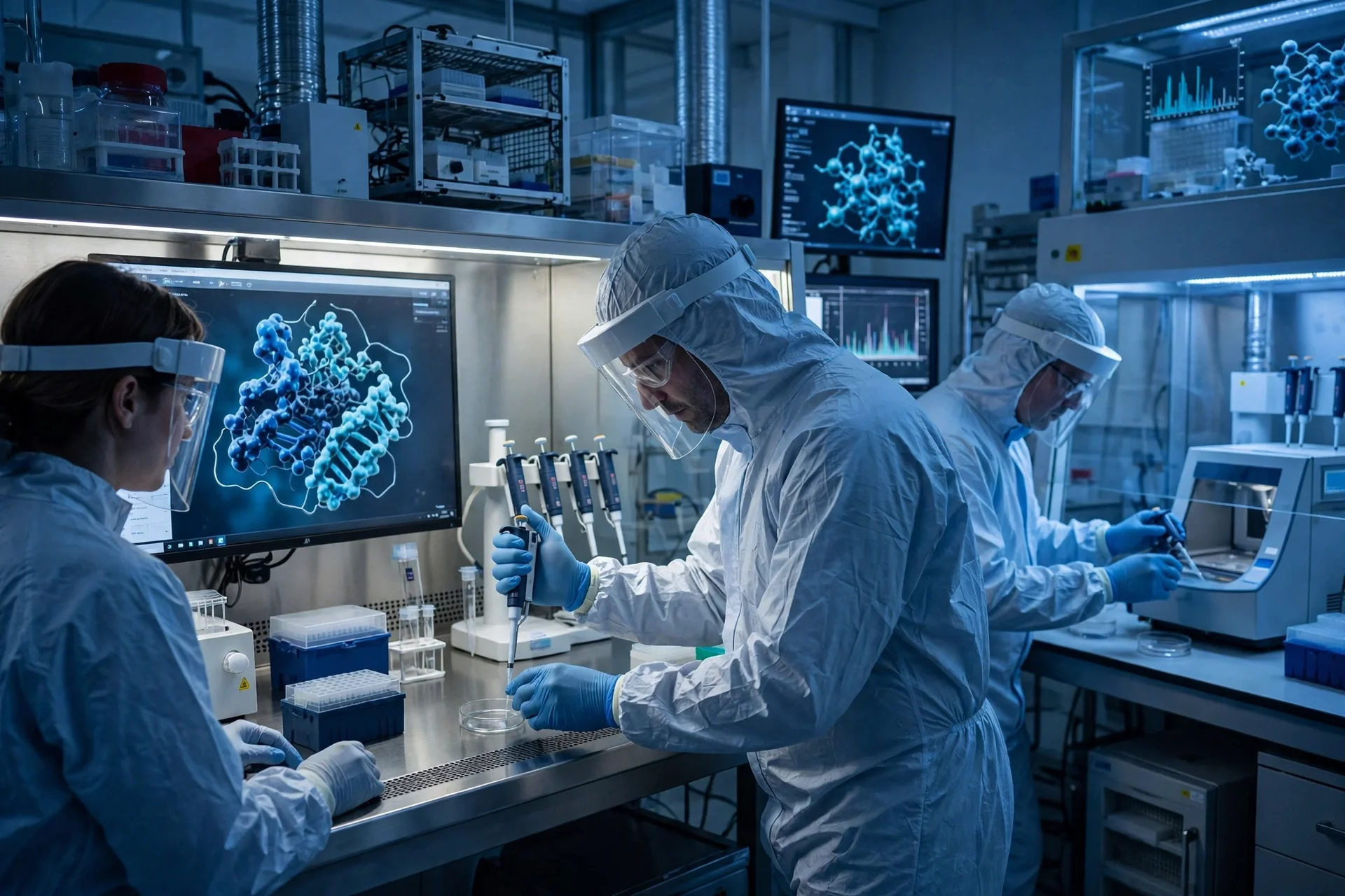 Científicos con trajes de protección en un laboratorio de bioseguridad con pantallas que muestran modelos de proteínas