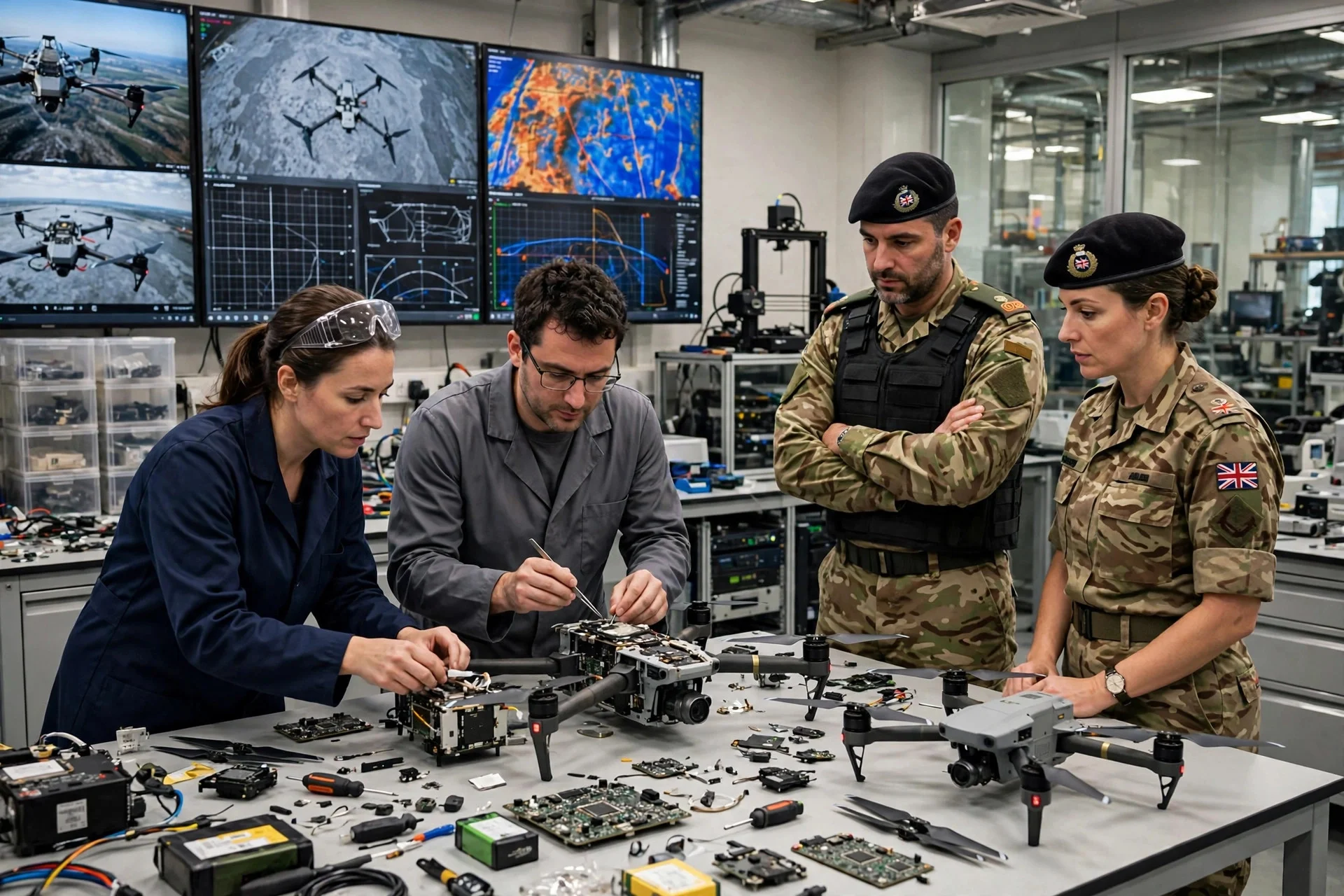 Laboratorio de innovación de defensa con dos técnicos civiles trabajando sobre drones en una mesa de componentes mientras dos militares británicos de camuflaje observan, con pantallas de drones y mapas al fondo