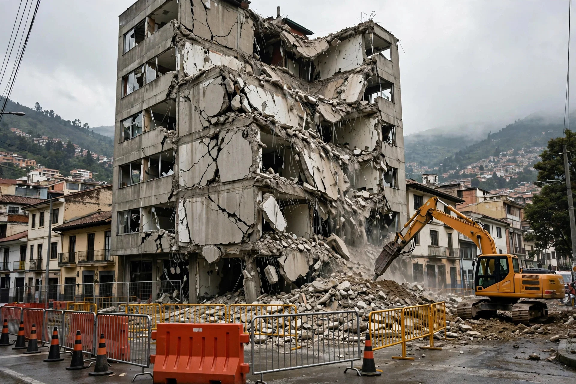 Edificio de concreto gravemente dañado por un sismo en una ciudad colombiana, con excavadora de demolición, escombros y vallas de seguridad en la calle