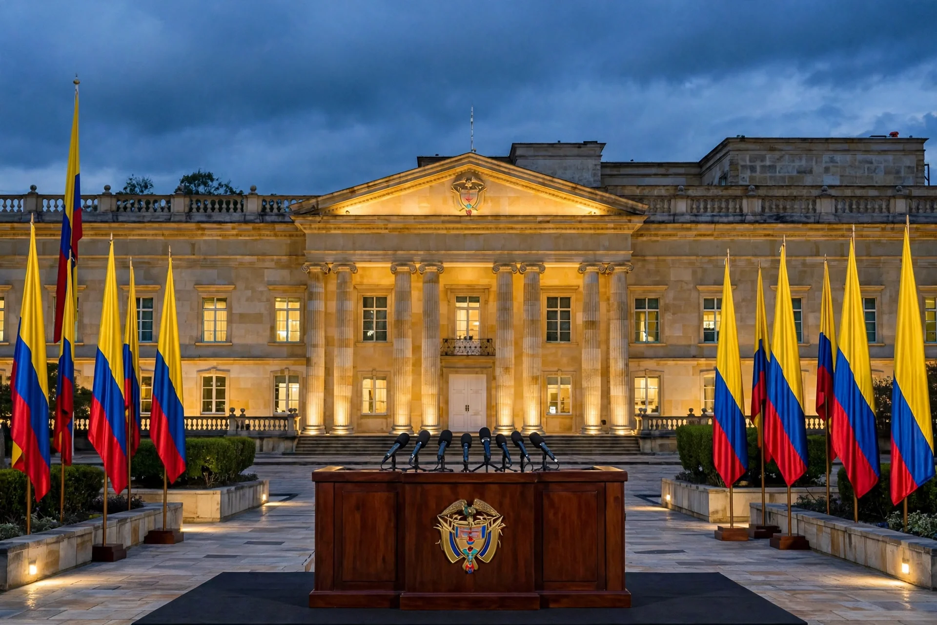 Palacio presidencial colombiano iluminado al anochecer, con banderas de Colombia y un atril con micrófonos preparado para una alocución oficial