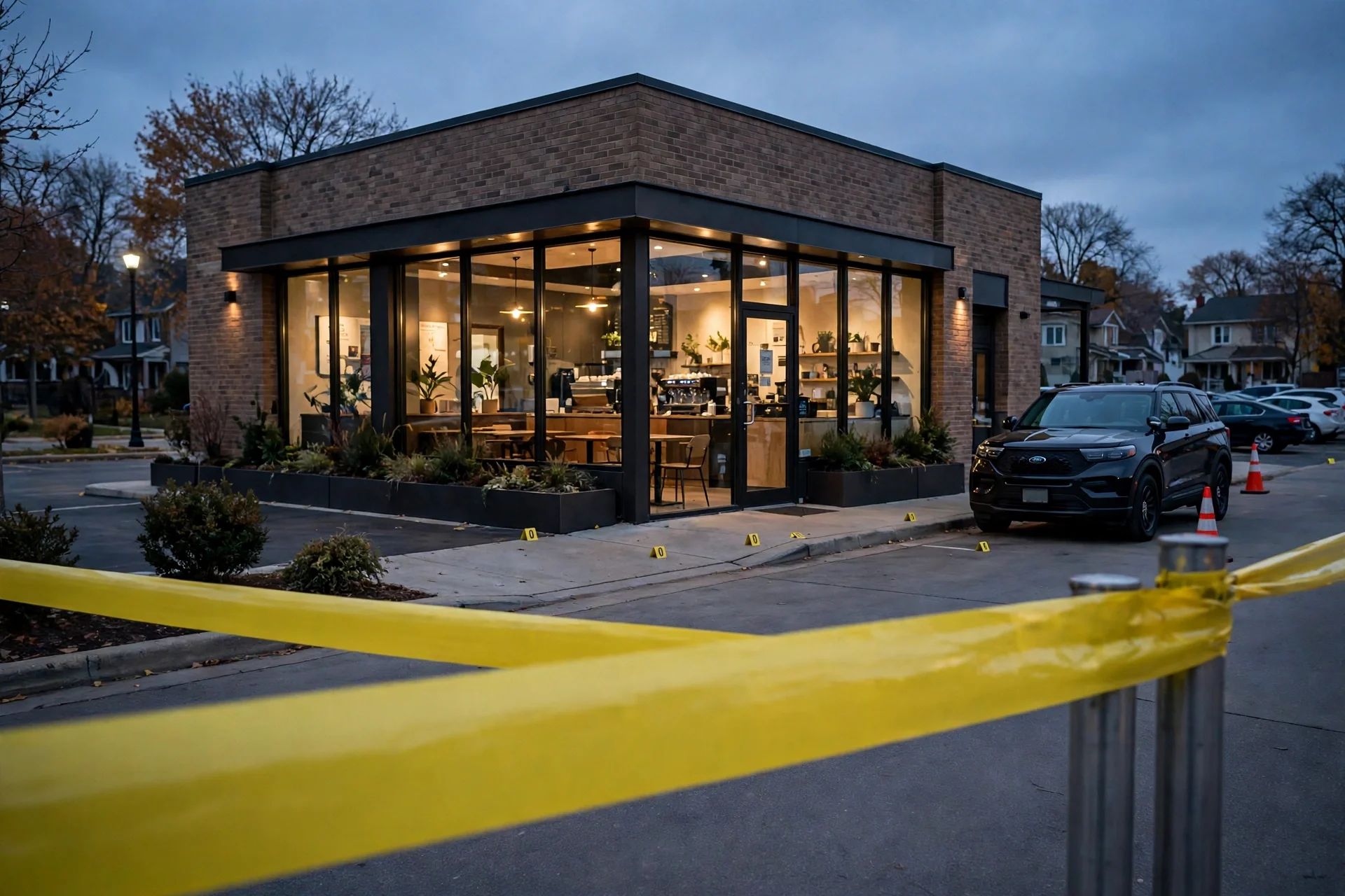 Exterior de una cafetería suburbana de Chicago al anochecer, con cinta amarilla de investigación y marcadores de evidencia frente al local
