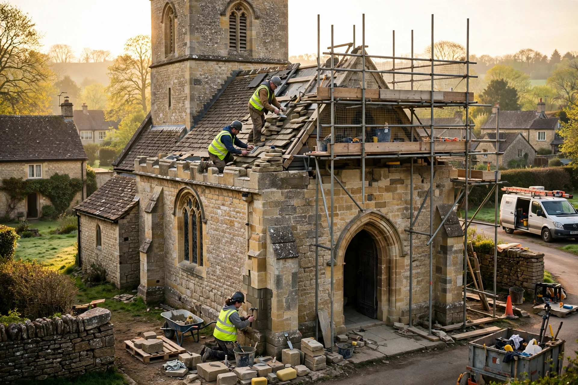 Iglesia histórica de piedra en un pueblo inglés en restauración, con andamios y obreros reparando el tejado y la mampostería