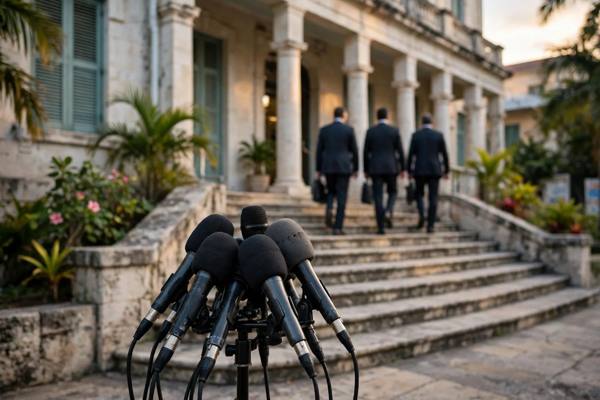 Micrófonos de prensa ante la escalinata de un tribunal caribeño al atardecer