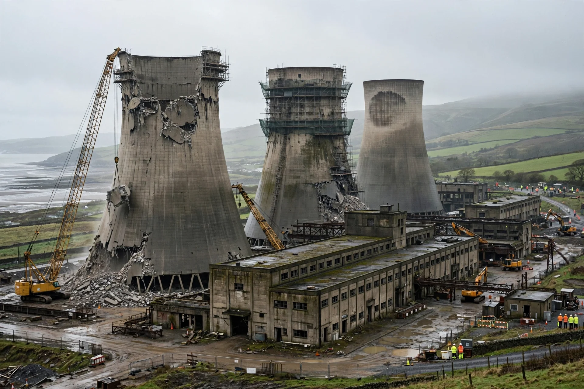 Torres de refrigeración de una antigua central nuclear en desmantelamiento con grúas en un emplazamiento costero británico
