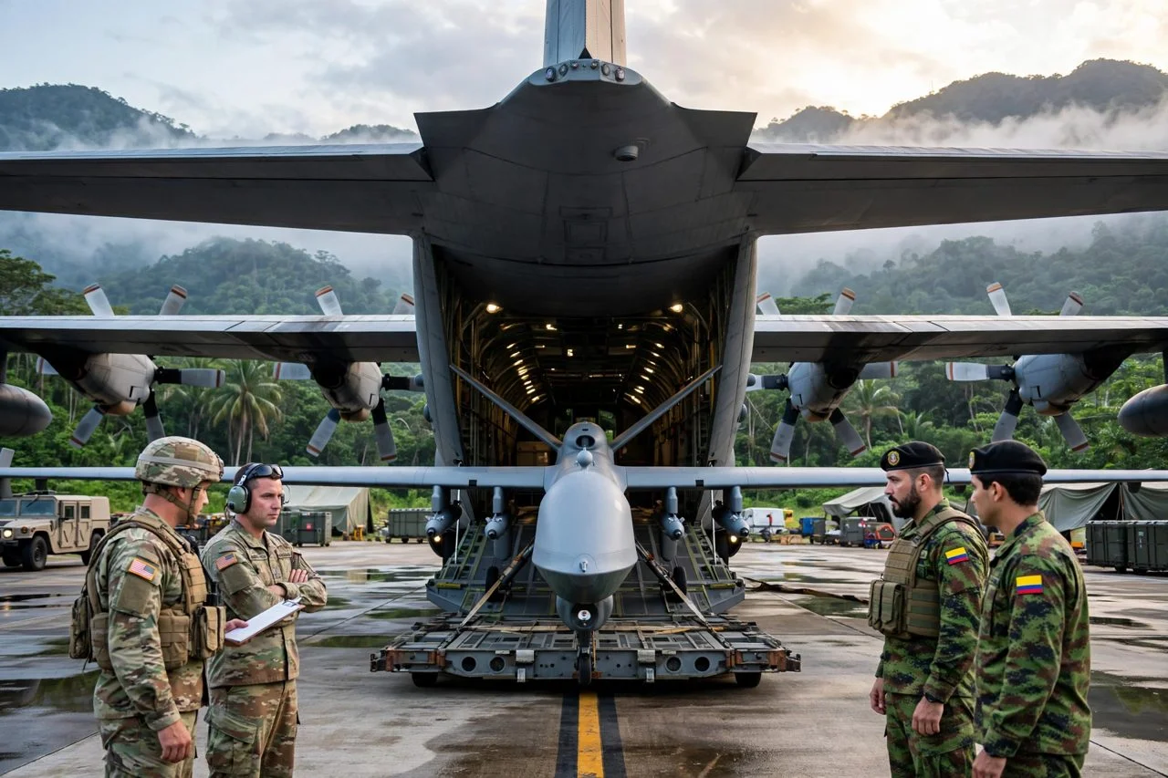 Un dron MQ-9 Reaper es descargado de un avión de transporte militar ante militares colombianos y estadounidenses en una base aérea selvática