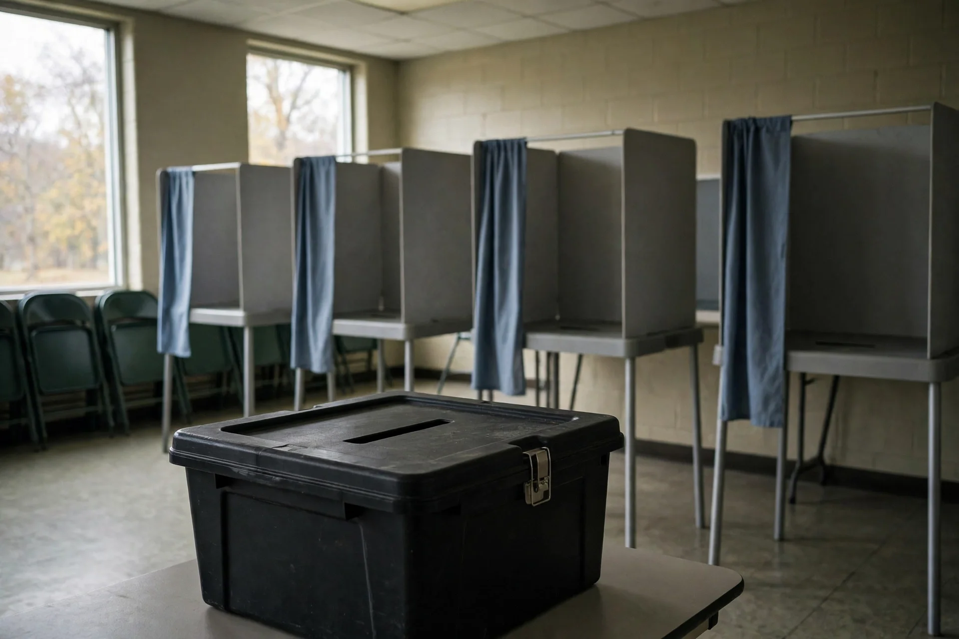 Interior de un centro de votación estadounidense con cabinas vacías en fila y una urna en primer plano