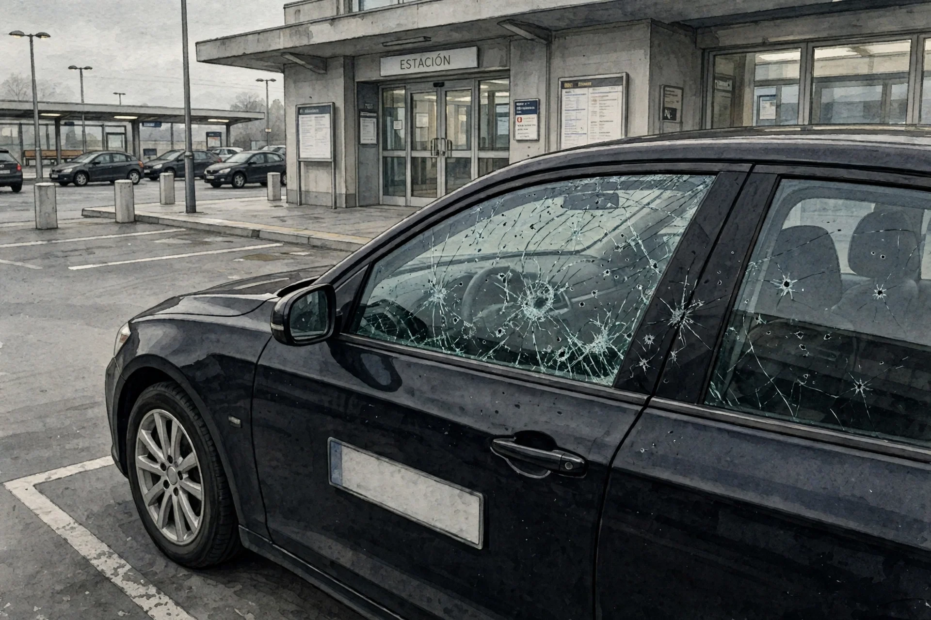 Ilustración de un coche oscuro con el cristal lateral dañado en un aparcamiento de estación