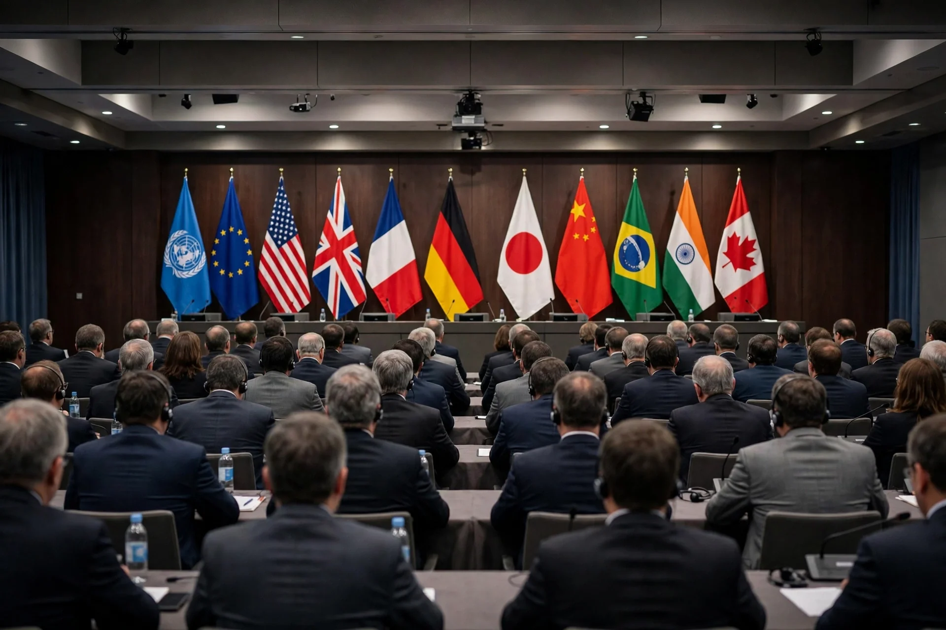 Sala de conferencia internacional de seguridad con filas de delegados y banderas al fondo, en tono sobrio