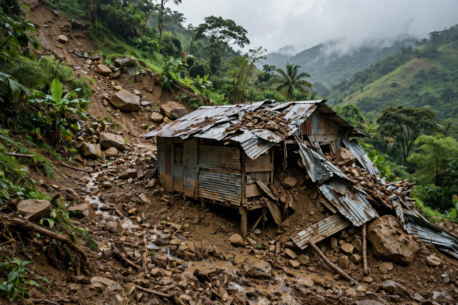 Vivienda rural sencilla de zinc dañada por un deslizamiento de tierra y rocas en una ladera tras las lluvias