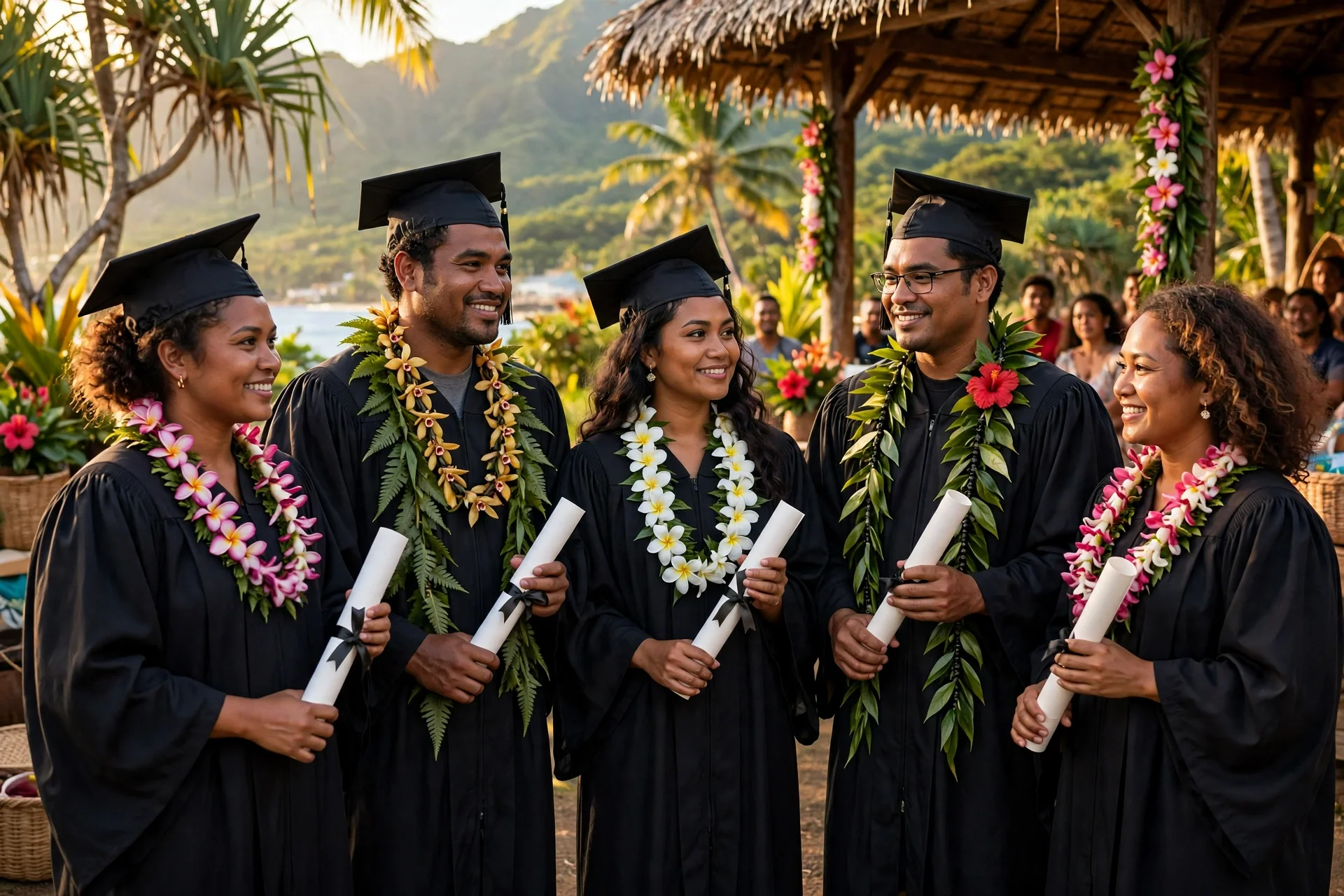 Graduados del Pacífico con toga y diploma celebran su regreso a casa en una ceremonia de bienvenida al aire libre