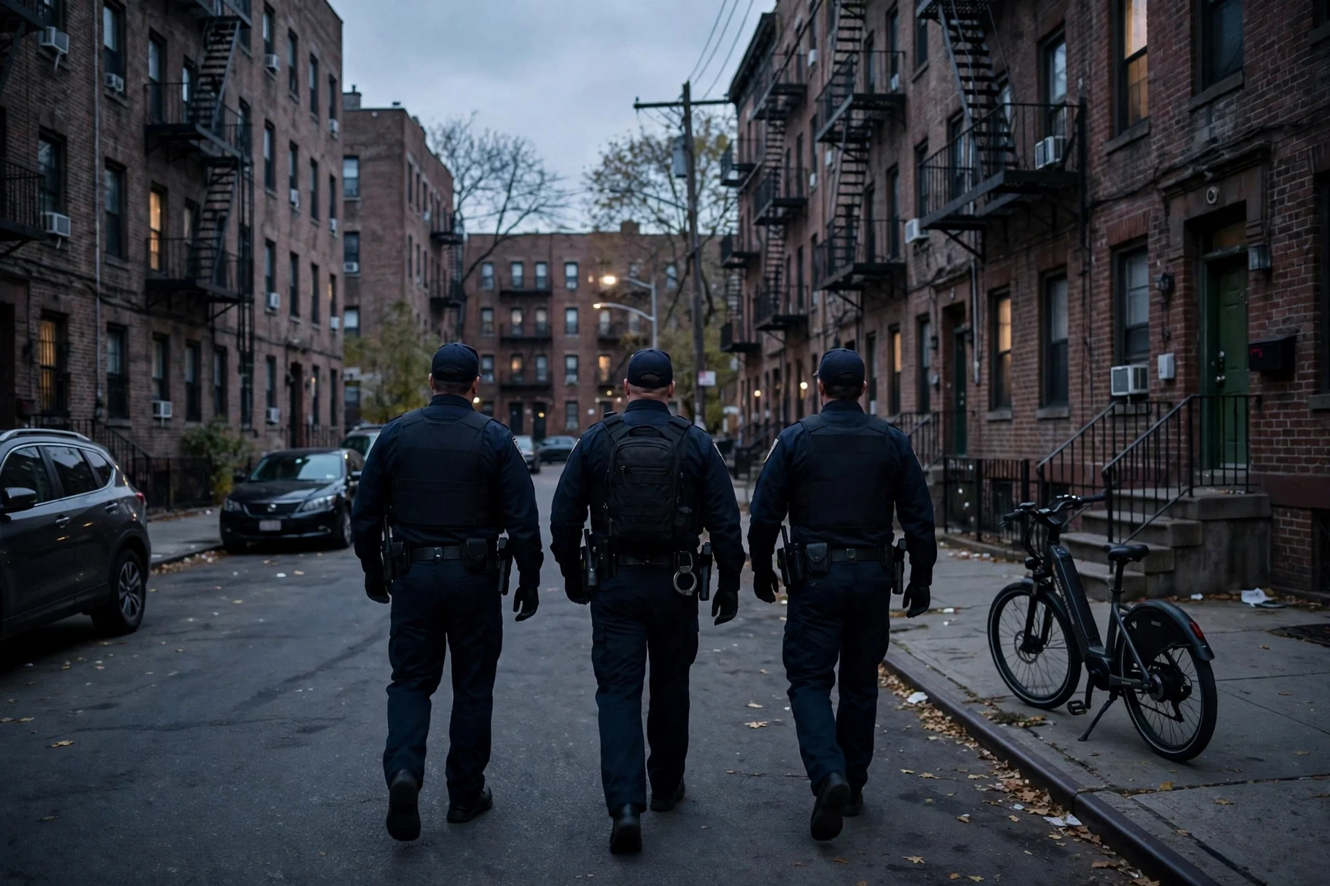 Agentes federales de espaldas caminando por una calle residencial del Bronx al atardecer, sin rostros visibles