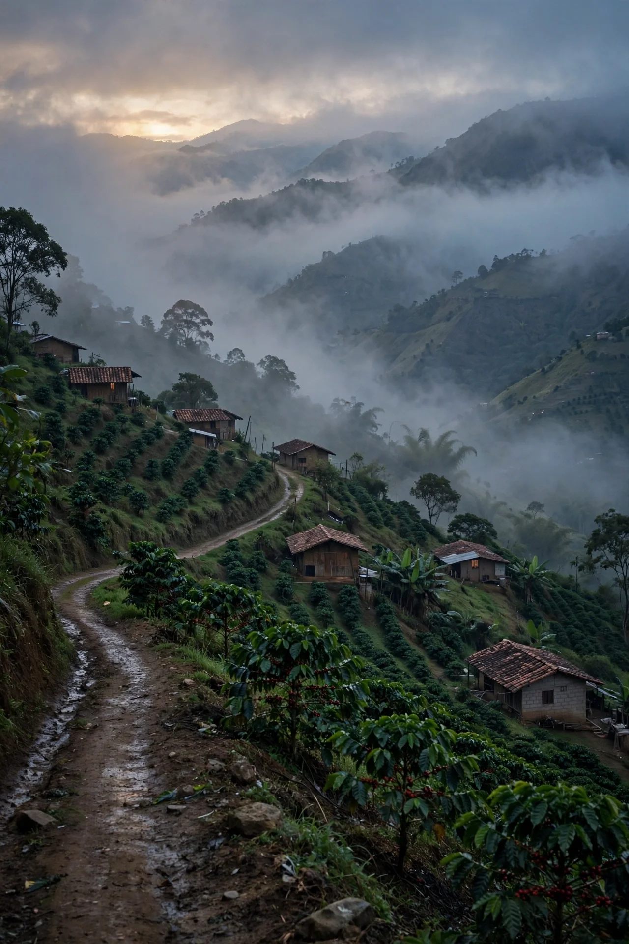 Veredas rurales montañosas del Cauca entre cafetales y niebla al atardecer